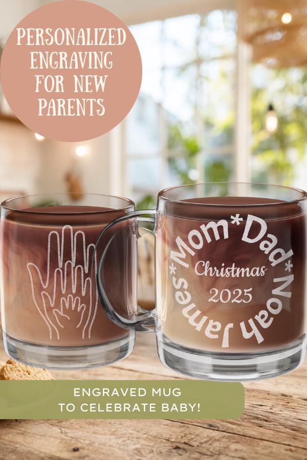 Personalized New Baby Glass Mug New Parents Christmas Gift Engraved Coffee Cup Holiday Keepsake Custom Christmas Mug Family Baby Shower Gift