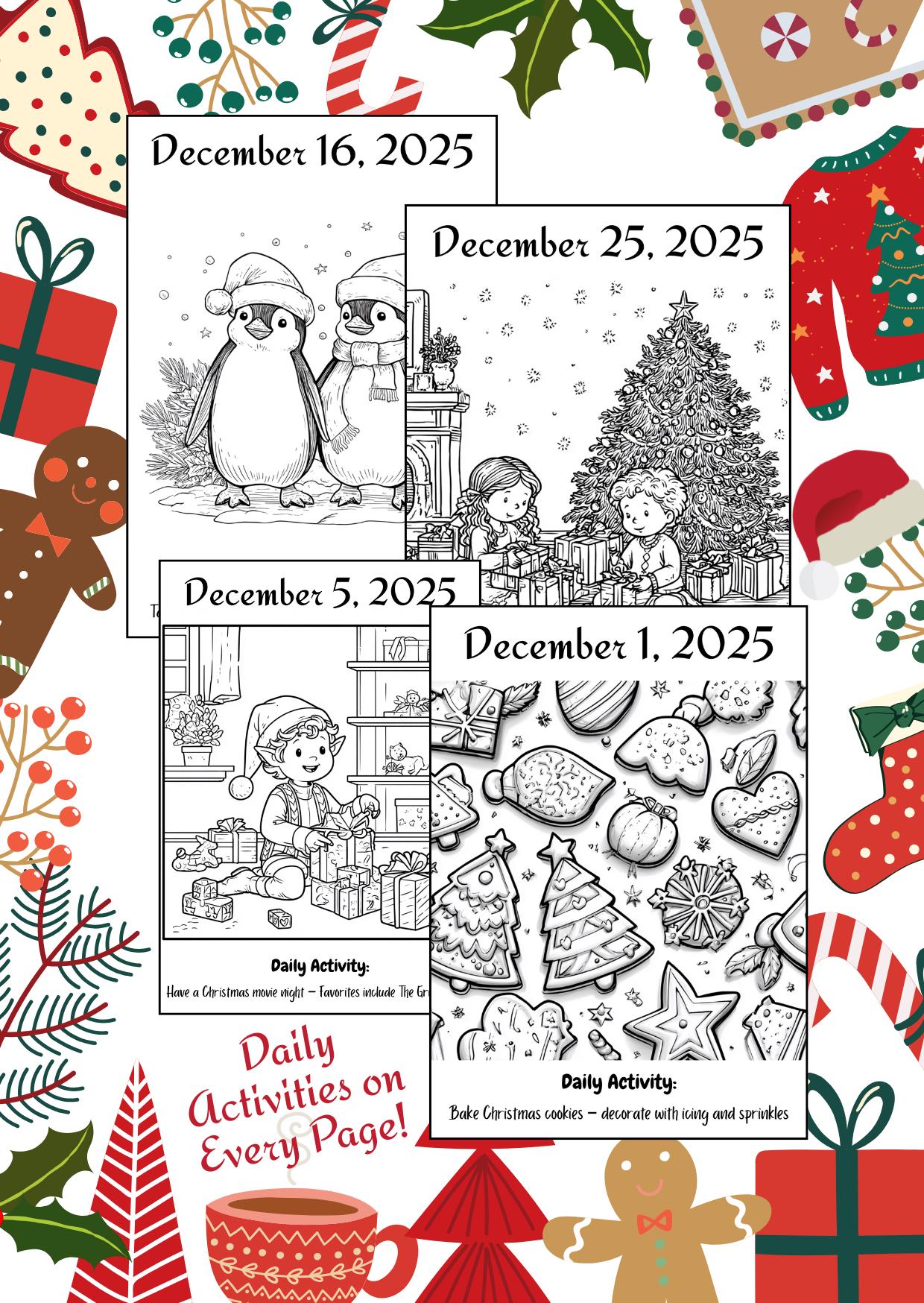 Advent Calendar Coloring Book for Kids Christmas Countdown Holiday Activity Festive Holiday Coloring Pages Family-Friendly Coloring Book