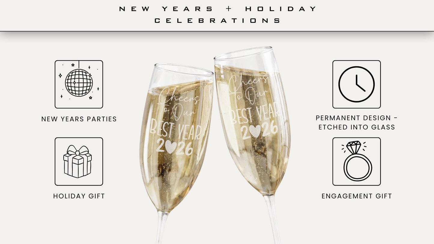 Engraved New Year Champagne Glass Cheers to Our Best Year 2026 Flute Celebration Gift Wedding Toast Bridal Shower Gift Party Favor Engaged