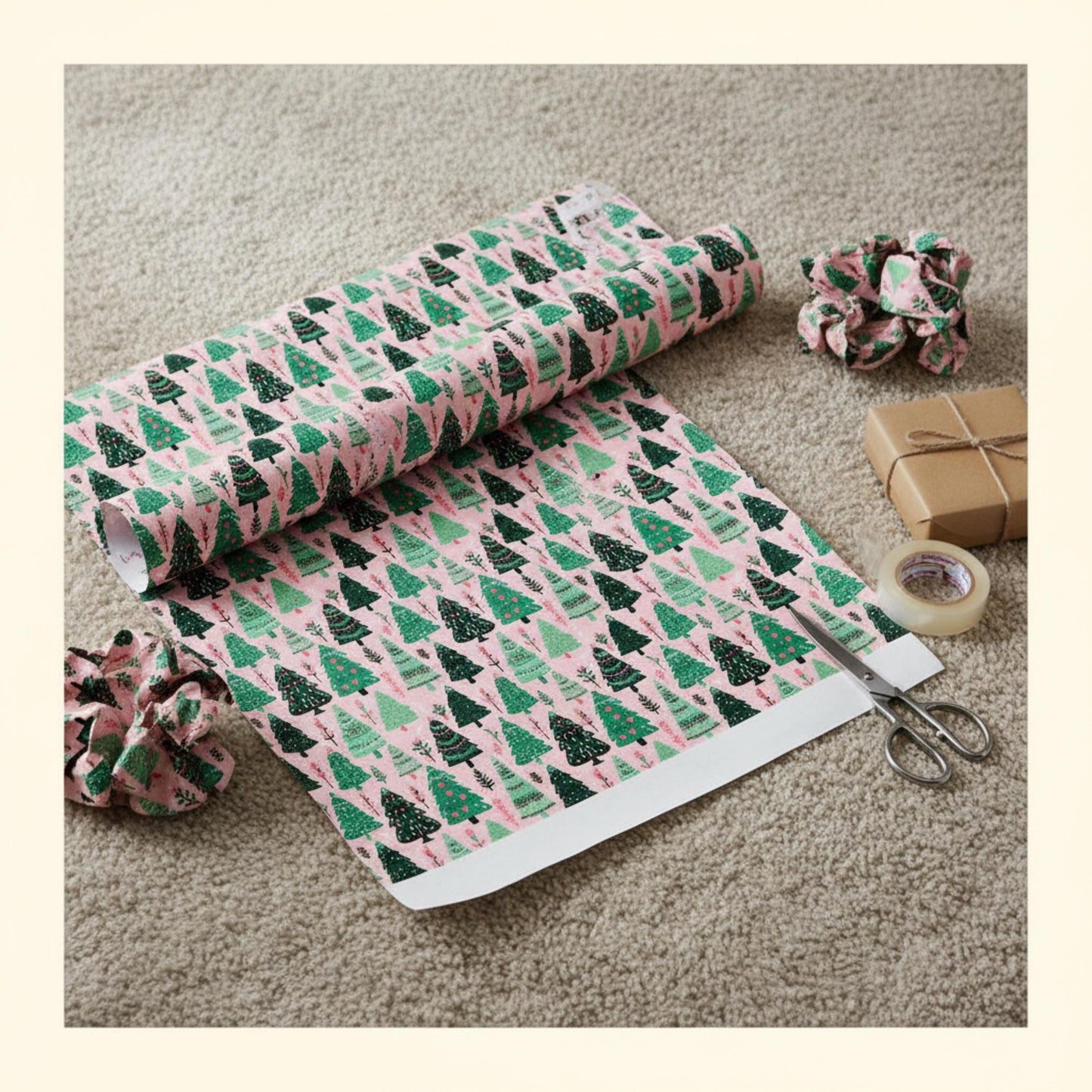 Preppy Christmas Gift Wrapping Pink and Green Boho Xmas Tree Pattern Wrapping Paper