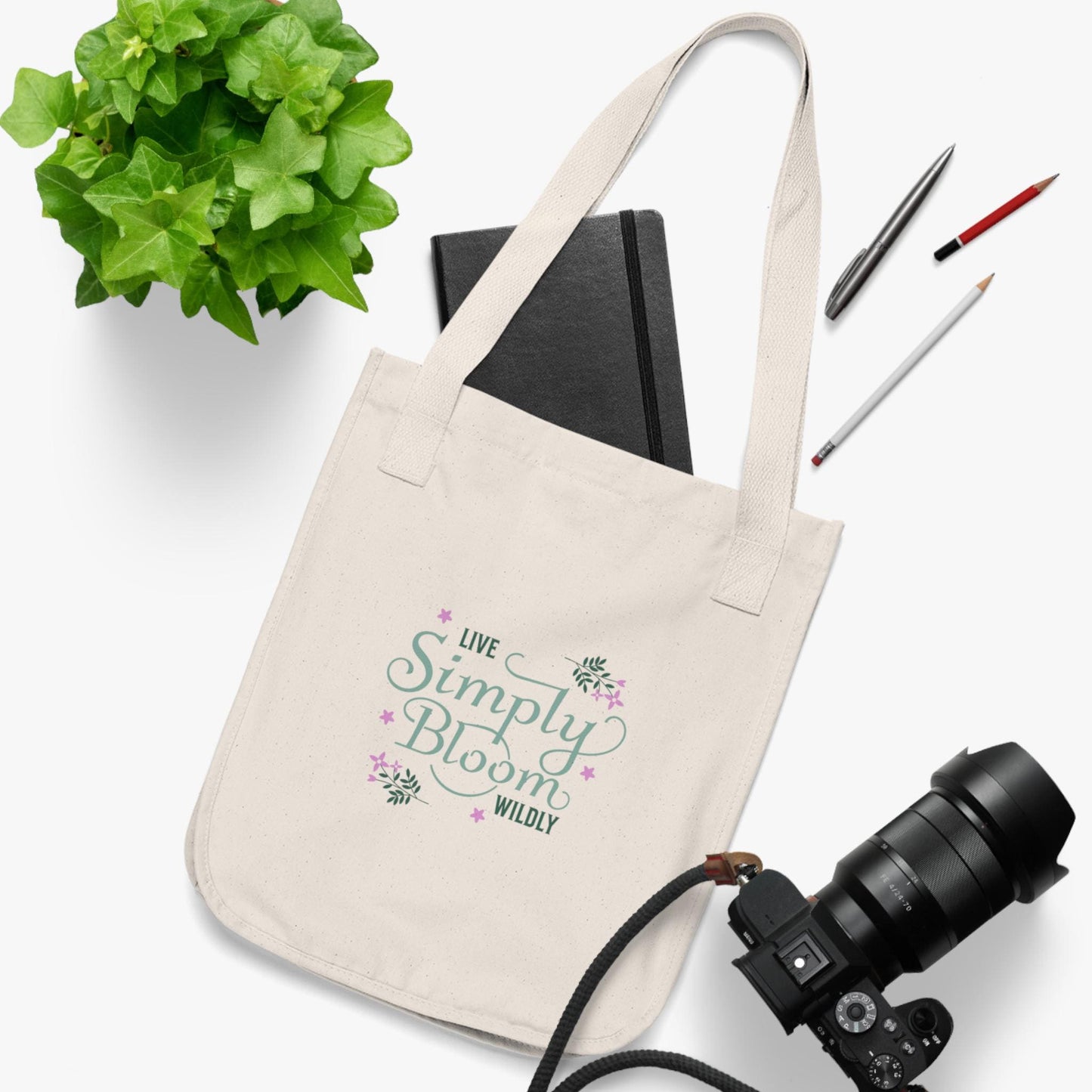 Live Simply Bloom Wildly Tote Bag Floral Script Canvas Tote Boho Flower Market Bag Inspirational Eco-Friendly Reusable Shopping Tote