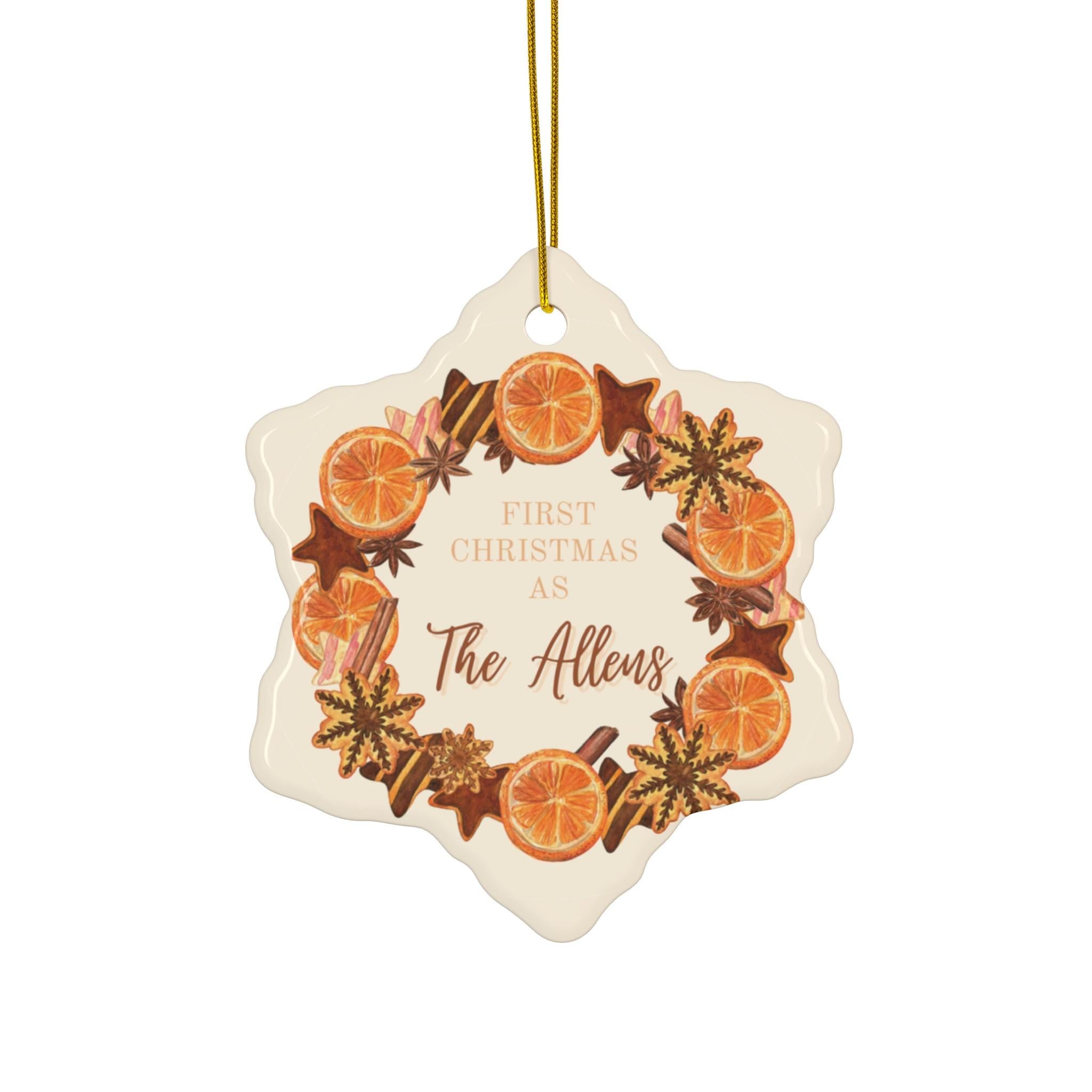 Ceramic Ornament, Personalized Newlyweds Ornament, Vintage Citrus Cinnamon Gift, Wedding Ornament Decoration, Custom Couples First Christmas