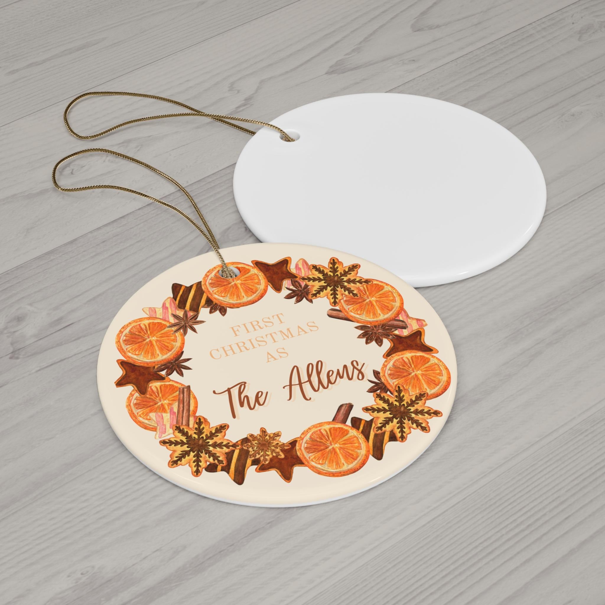 Ceramic Ornament, Personalized Newlyweds Ornament, Vintage Citrus Cinnamon Gift, Wedding Ornament Decoration, Custom Couples First Christmas