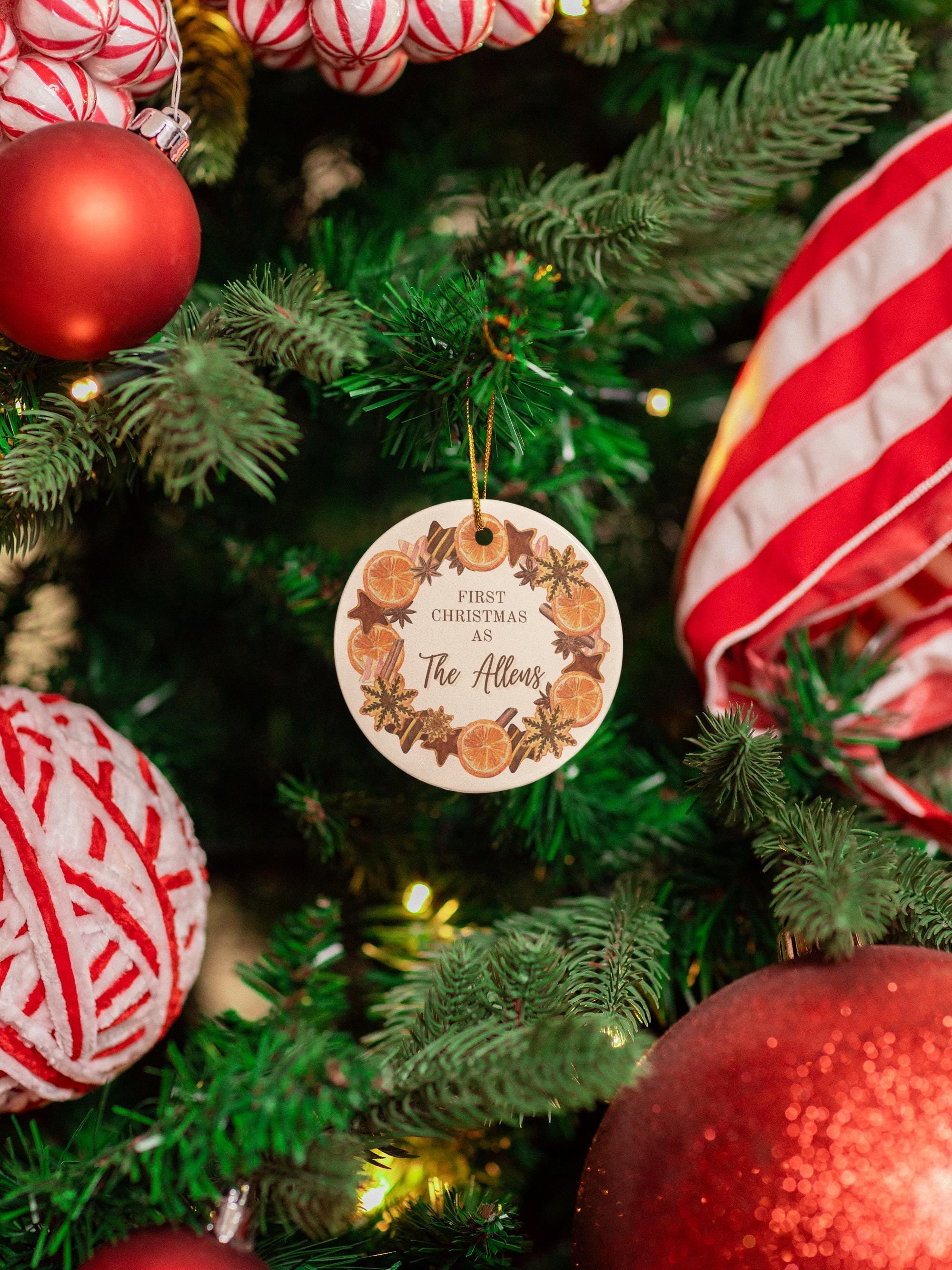 Ceramic Ornament, Personalized Newlyweds Ornament, Vintage Citrus Cinnamon Gift, Wedding Ornament Decoration, Custom Couples First Christmas