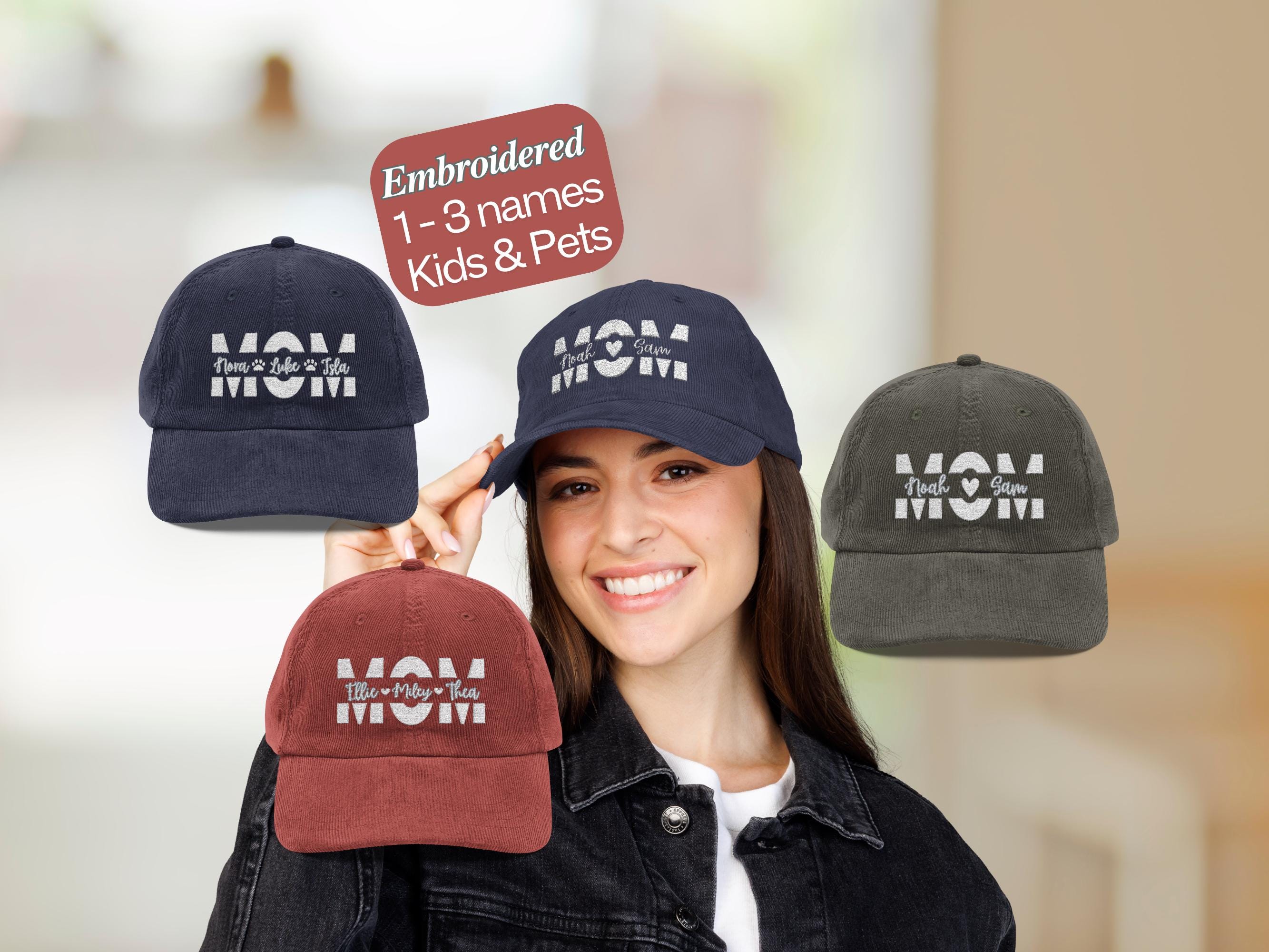 Embroidered Vintage Corduroy Cap Custom Mom Hat with Kids and Pets Names Personalized Baseball Cap Custom Embroidery Dad Hat Retro Gift