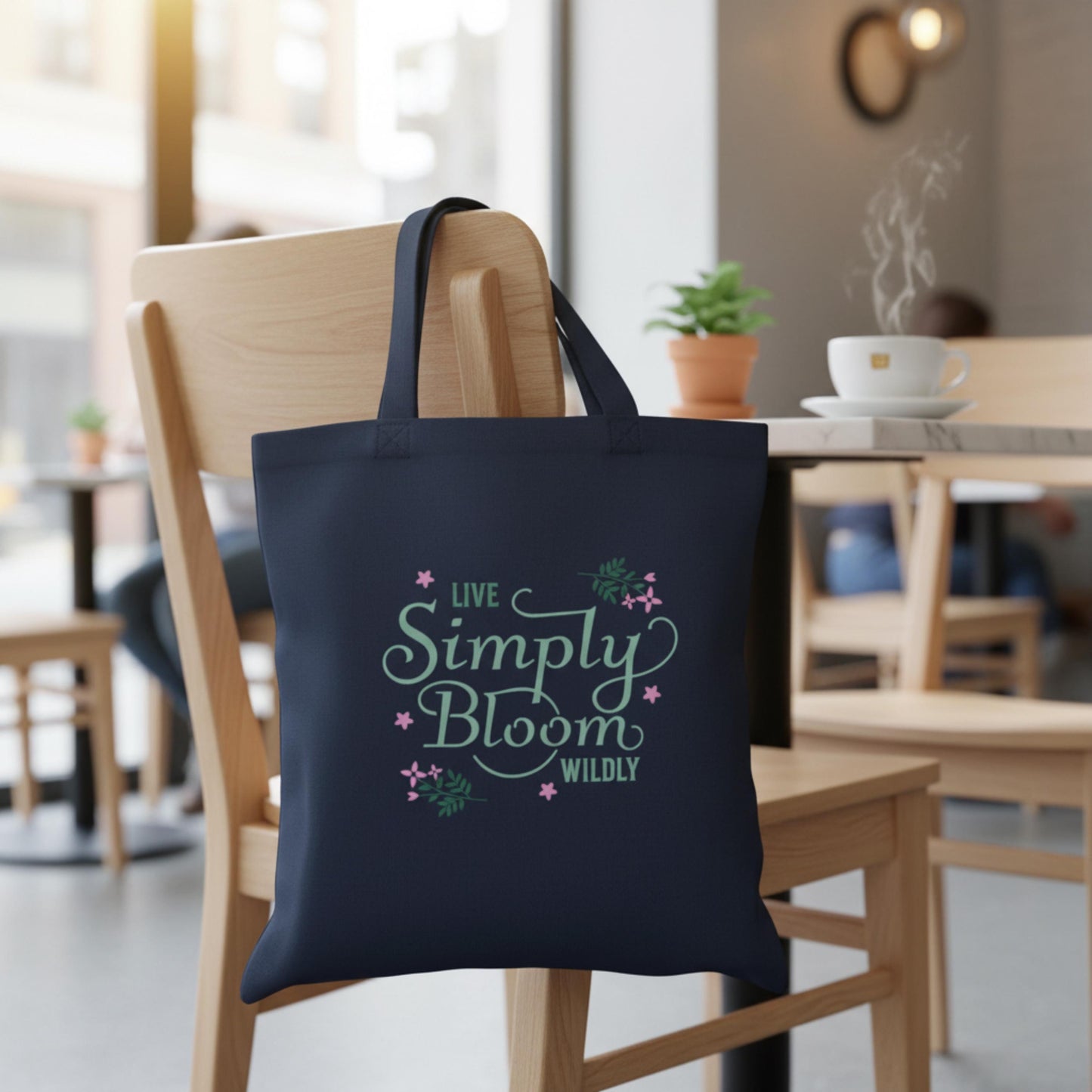 Live Simply Bloom Wildly Tote Bag Floral Script Canvas Tote Boho Flower Market Bag Inspirational Eco-Friendly Reusable Shopping Tote