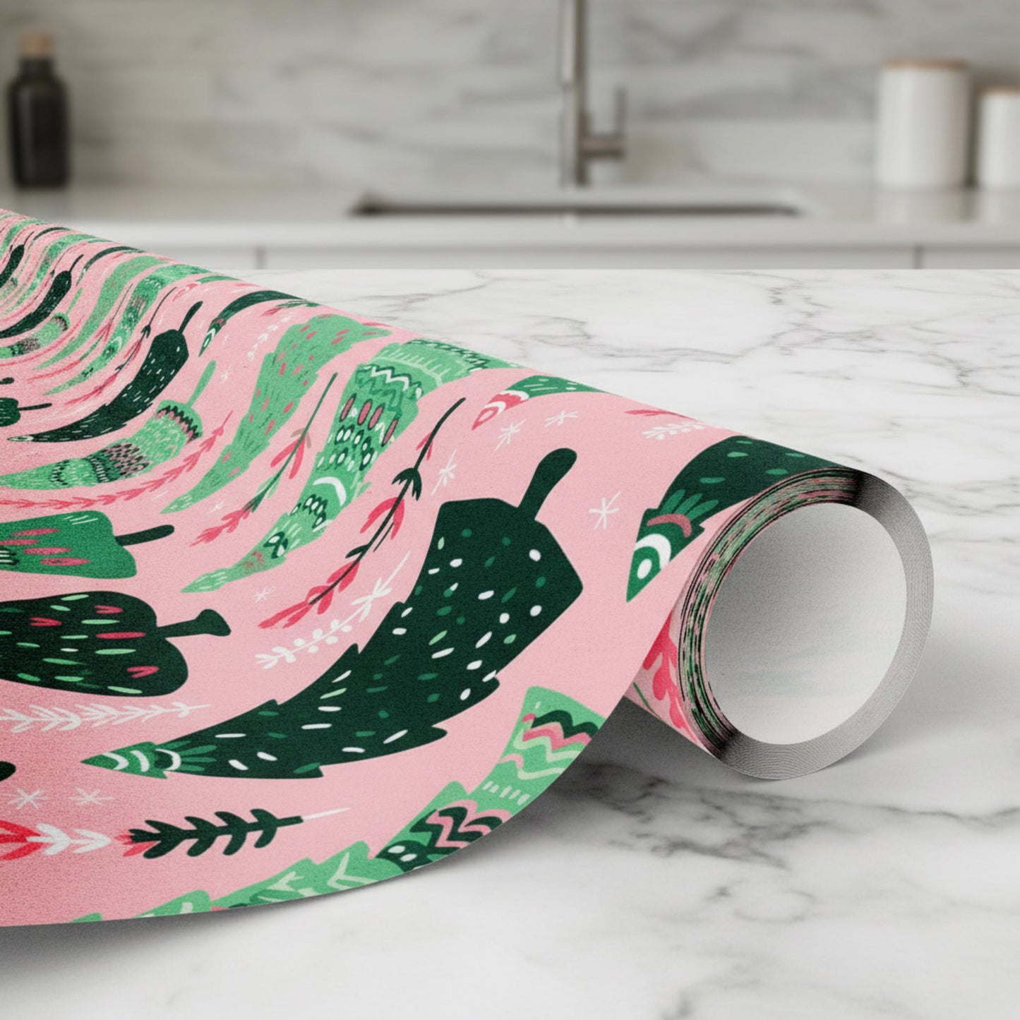Preppy Christmas Gift Wrapping Pink and Green Boho Xmas Tree Pattern Wrapping Paper