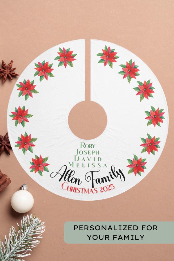 Personalized Christmas Tree Skirt Custom Family Name Holiday Tree Skirt Poinsettia Floral Design Elegant Christmas Decor Family Gift Idea