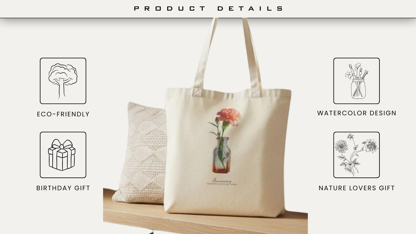 Birth Month Flower Watercolor Tote Bag Eco-Friendly Cotton Unique Floral Gift for Nature Lovers and Floral Enthusiasts Bridal Shower Gift