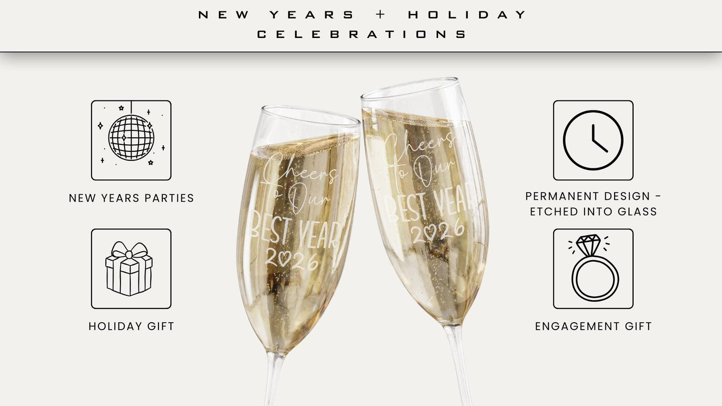 Engraved New Year Personalized Wedding Champagne Glass Cheers to Our Best Year 2026 Flute Celebration Gift Wedding Toasts Bridal Shower Gift