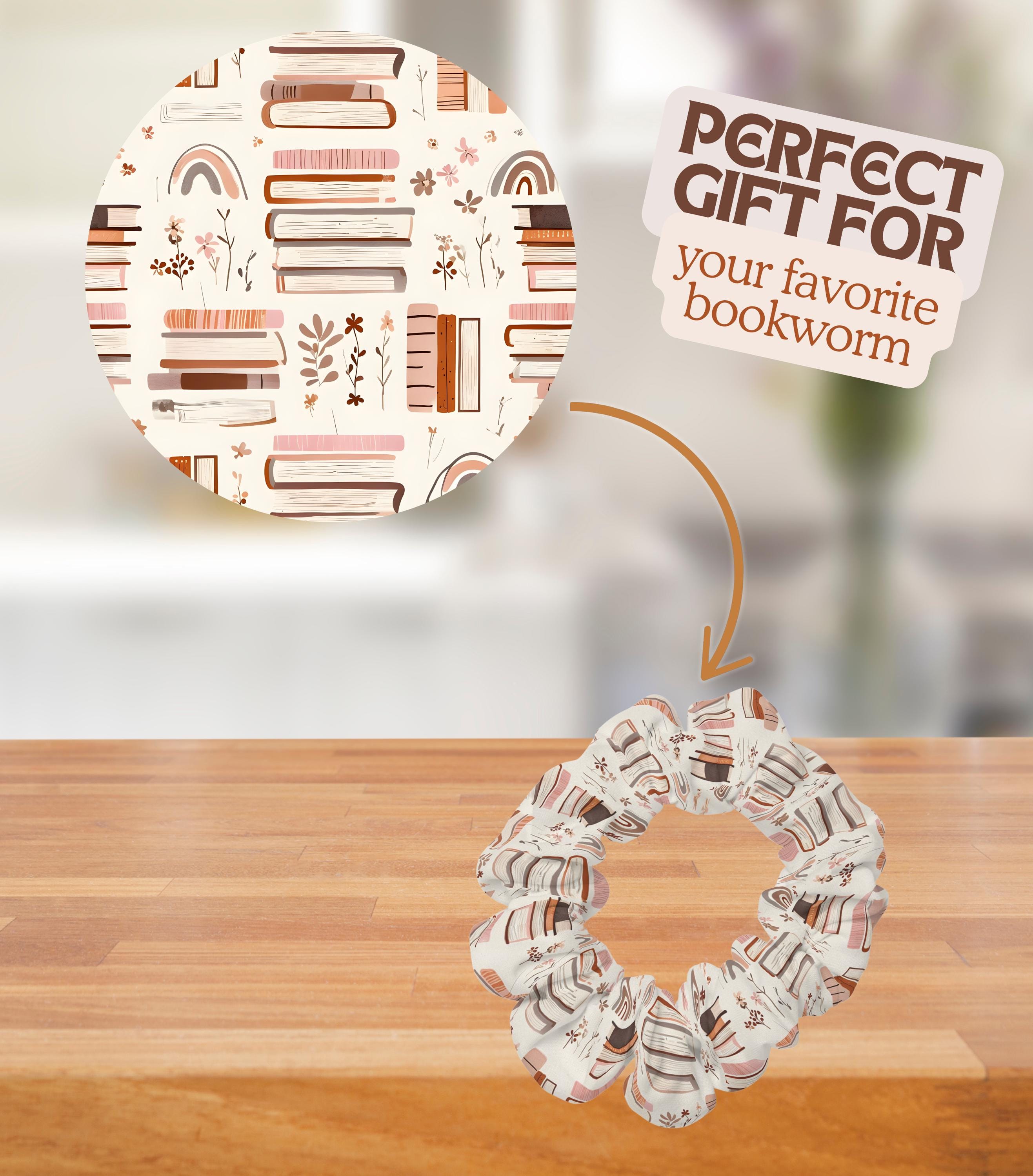 Boho Book Pattern Scrunchie Whimsical Hair Tie for Readers Kids Floral and Rainbow Hair Accessory Gift for Bookworm Teacher Gift