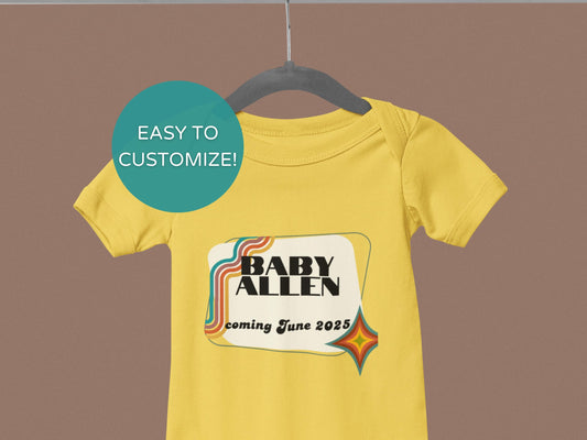 Retro Rainbow Baby Announcement Onesie Customizable Vintage Newborn Outfit Pregnancy Reveal for Husband Gift for Grandparents