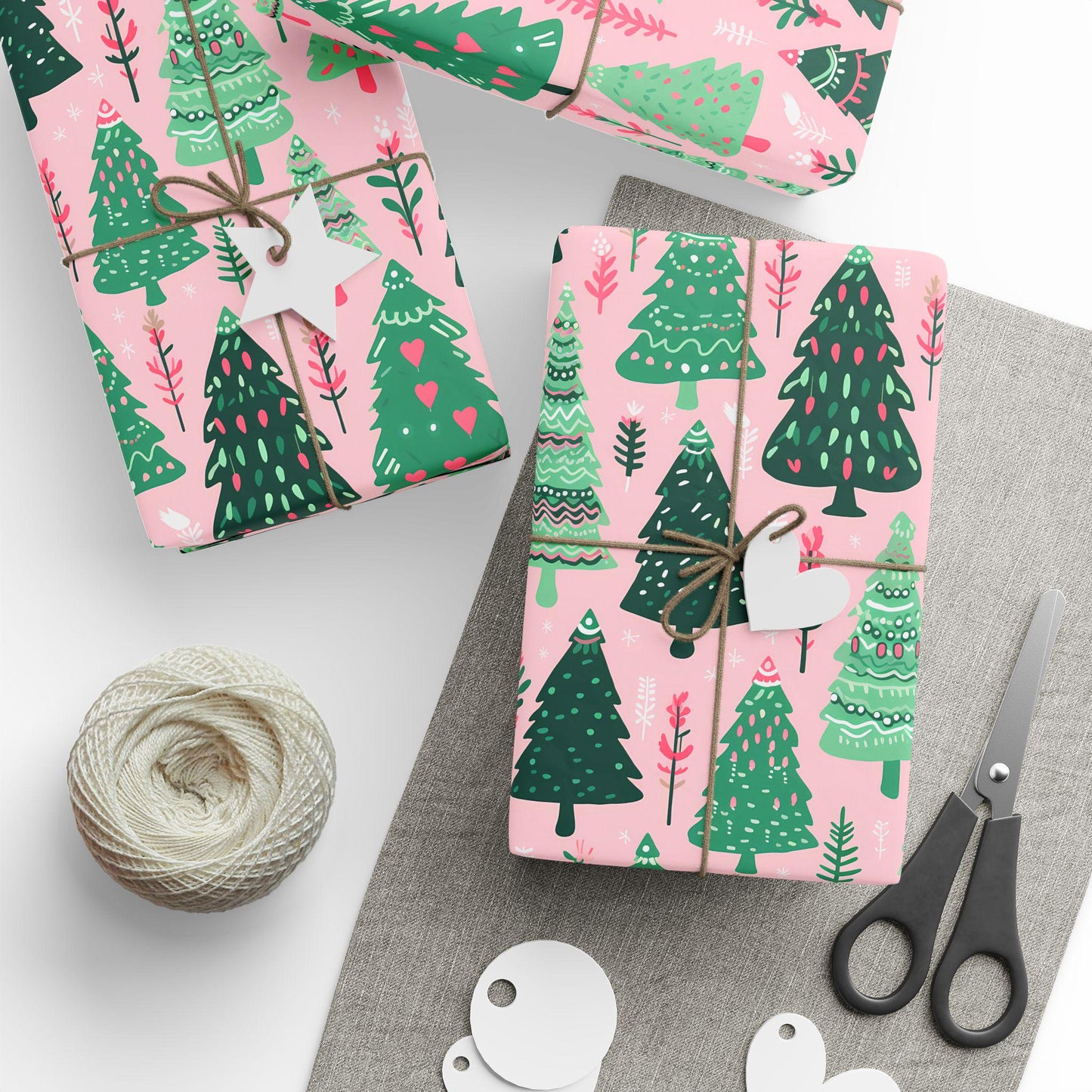 Preppy Christmas Gift Wrapping Pink and Green Boho Xmas Tree Pattern Wrapping Paper
