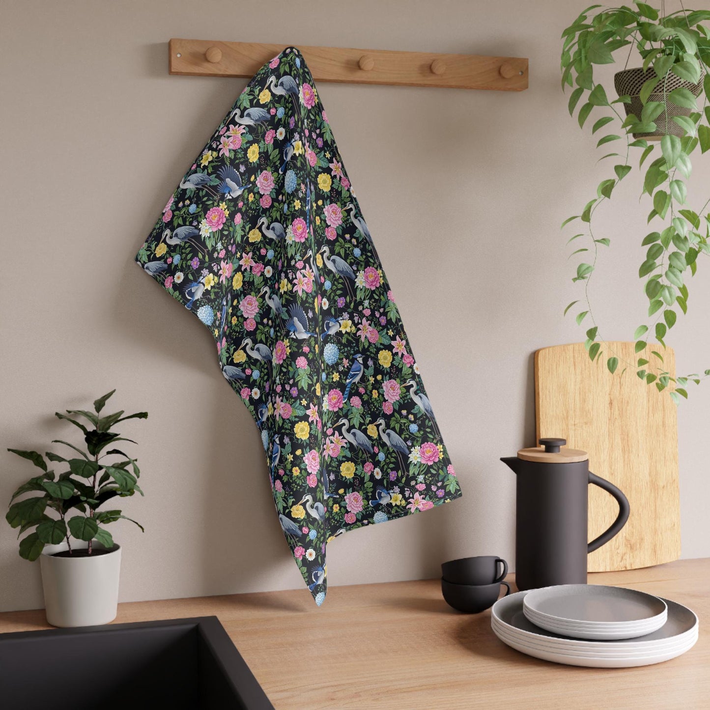 Moody Heron Tea Towel Dark Floral Greenery Botanical Decor Blue Bird Nature Lover Kitchen Art Unique Home Gift Hand Towel