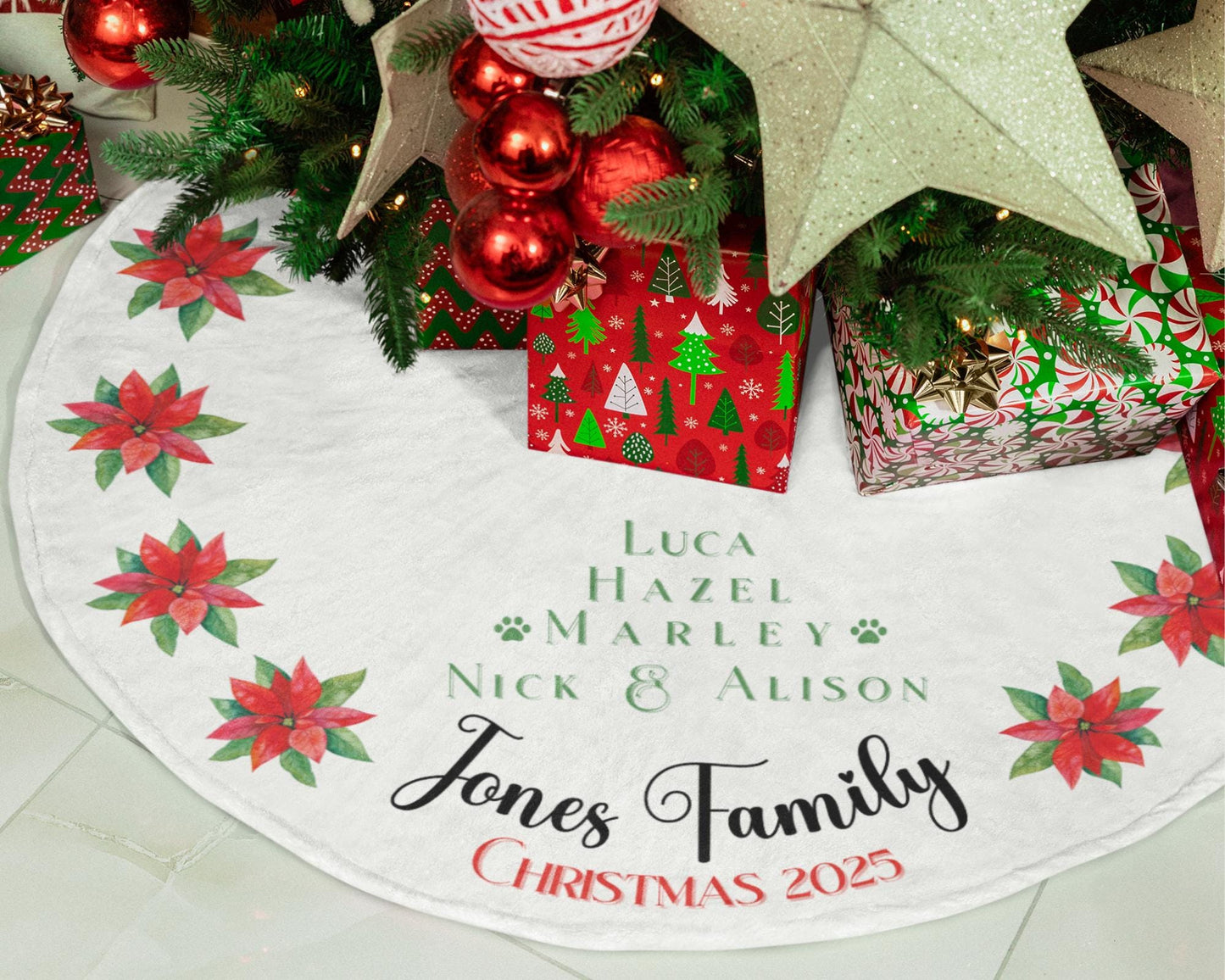 Personalized Christmas Tree Skirt Custom Family Name Holiday Tree Skirt Poinsettia Floral Design Elegant Christmas Decor Family Gift Idea