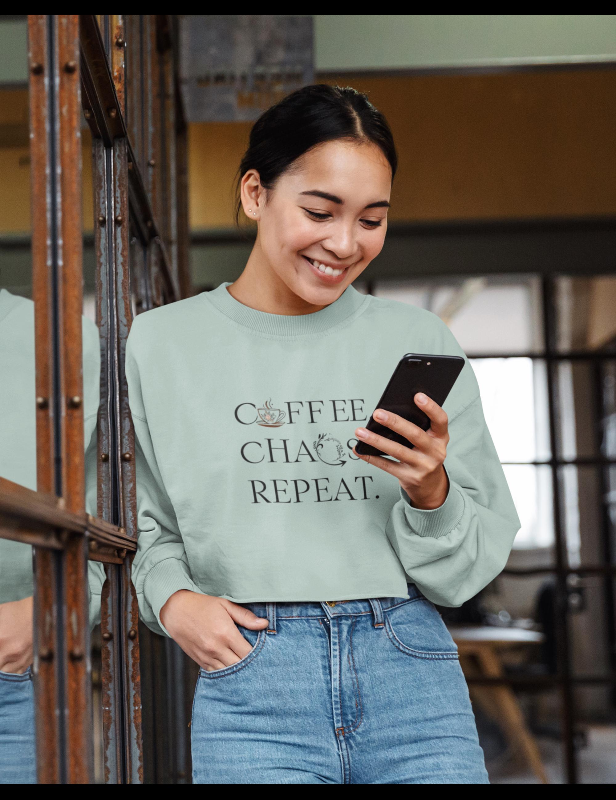 Coffee Chaos Repeat Cropped Sweatshirt Mom Gift Coffee Lover Top Women's Pullover Graphic Print Jumper