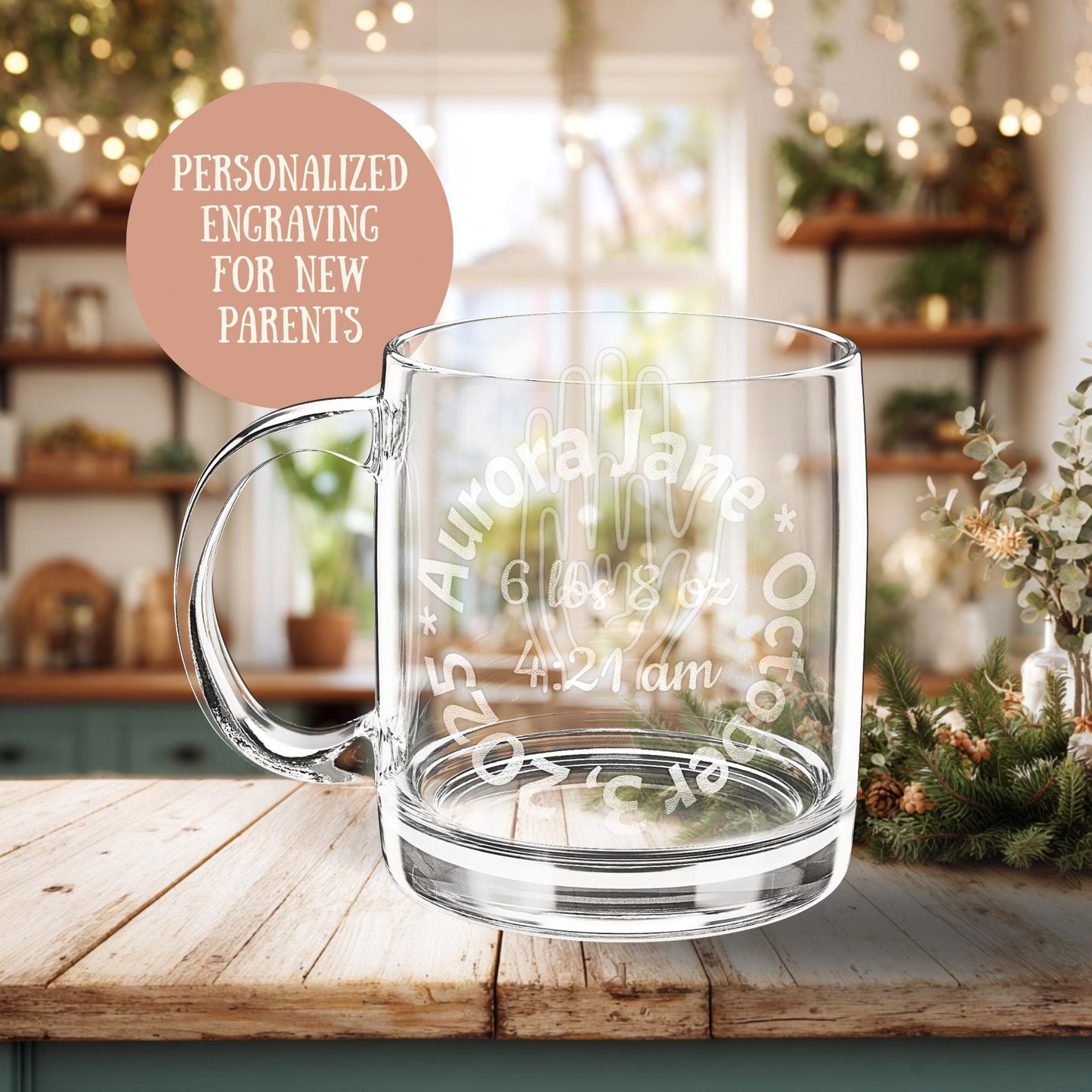 Personalized New Baby Family of 3 Glass Mug New Parents Gift Engraved Coffee Cup Birth Keepsake Custom Mug Baby Shower Gift