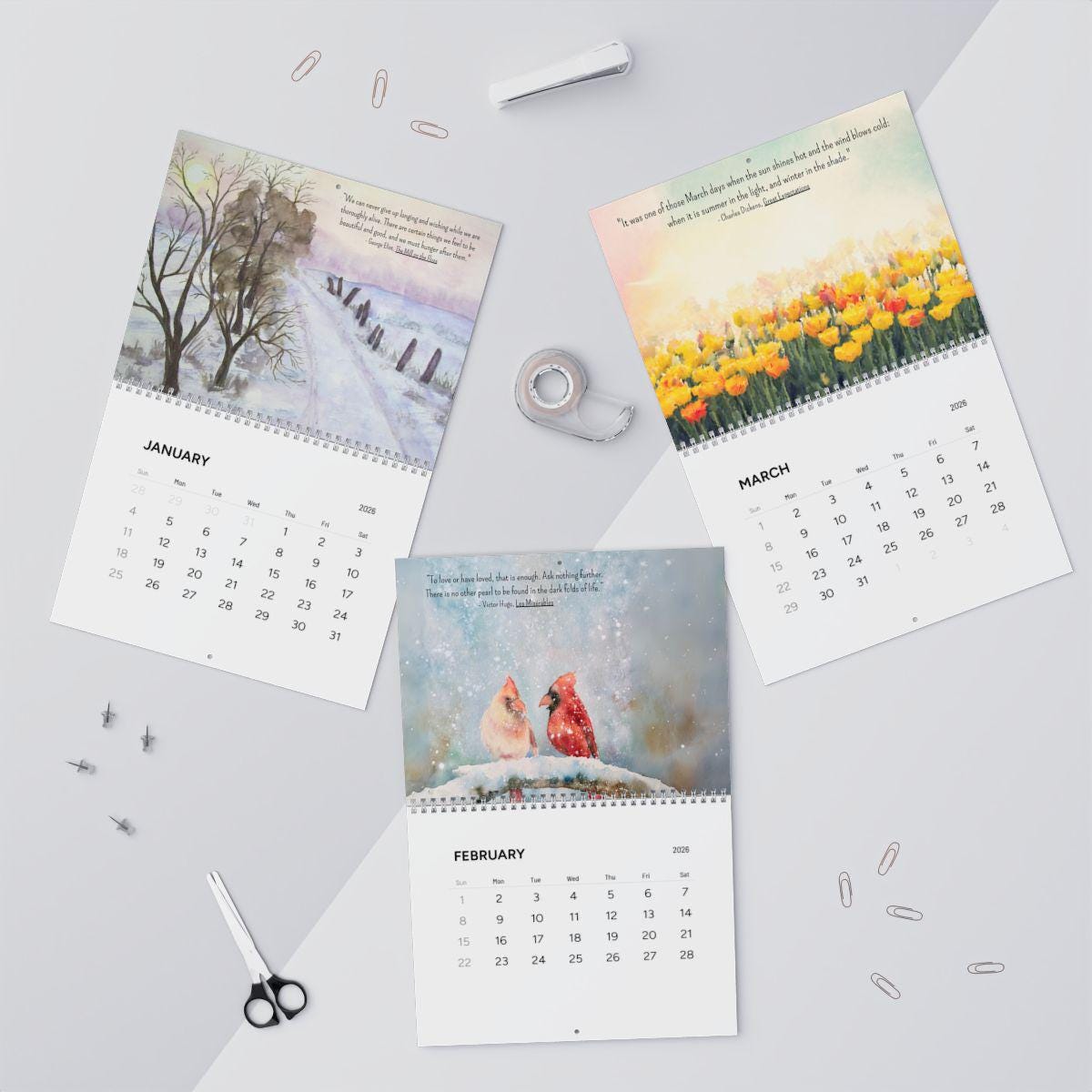 Literary Wall Calendar 2026 Classic Literature Calendar Book Lover Gift Home Office Decor Unique Accessory Monthly Planner Librarian Gift