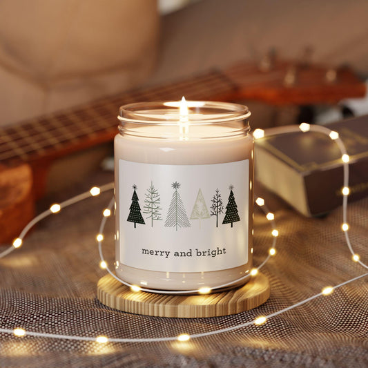 Merry and Bright Soy Candle Cozy Holiday Gift Christmas Candle Winter Decor Aromatherapy for Her Eco-Friendly Soy Wax Reusable Glass Vessel
