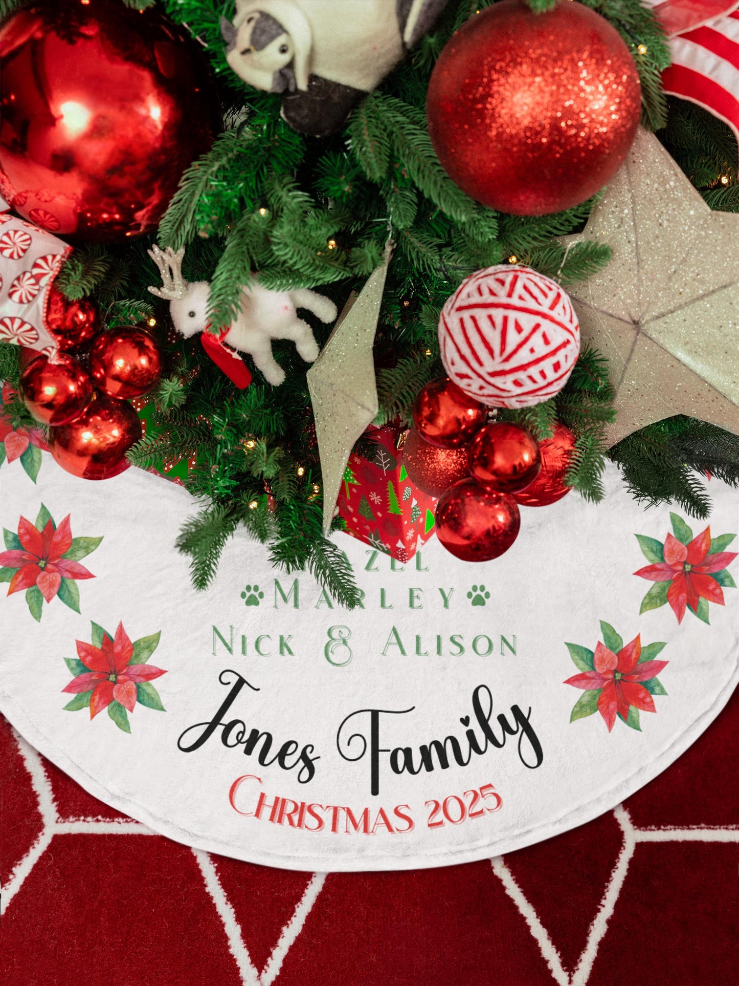 Personalized Christmas Tree Skirt Custom Family Name Holiday Tree Skirt Poinsettia Floral Design Elegant Christmas Decor Family Gift Idea