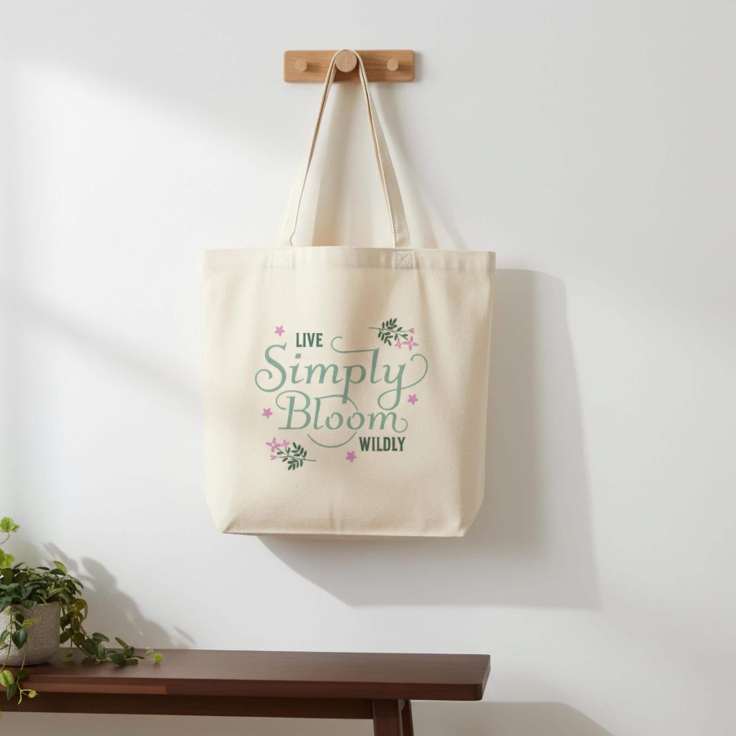 Live Simply Bloom Wildly Tote Bag Floral Script Canvas Tote Boho Flower Market Bag Inspirational Eco-Friendly Reusable Shopping Tote