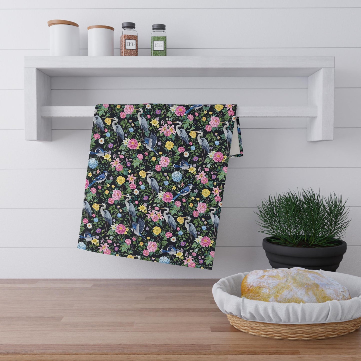 Moody Heron Tea Towel Dark Floral Greenery Botanical Decor Blue Bird Nature Lover Kitchen Art Unique Home Gift Hand Towel