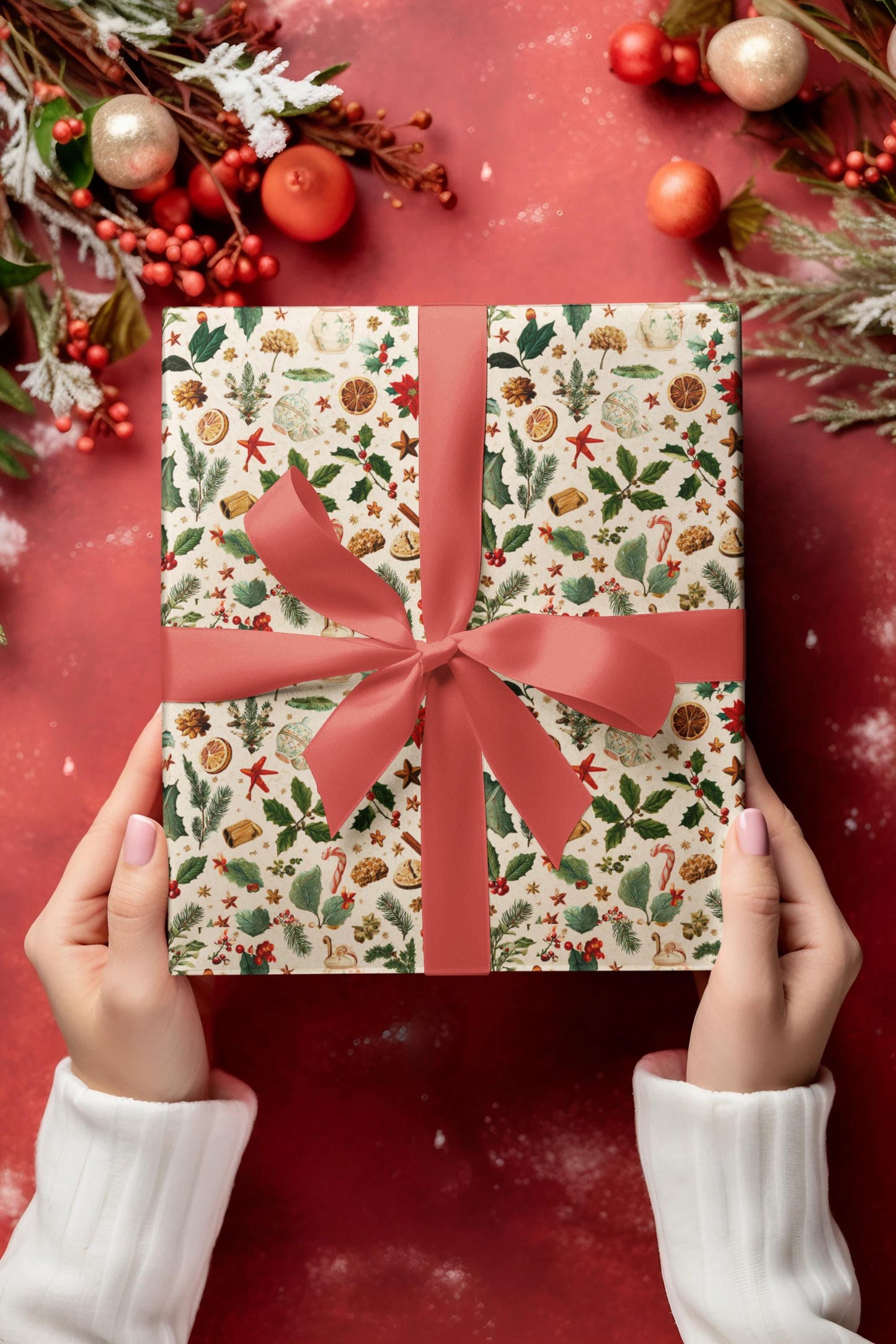 Vintage Christmas Pattern Wrapping Paper Roll Nostalgic Holiday Gift Wrap Matte Finish Gift for Her Retro Vibes Unique Gift Wrap Custom Art