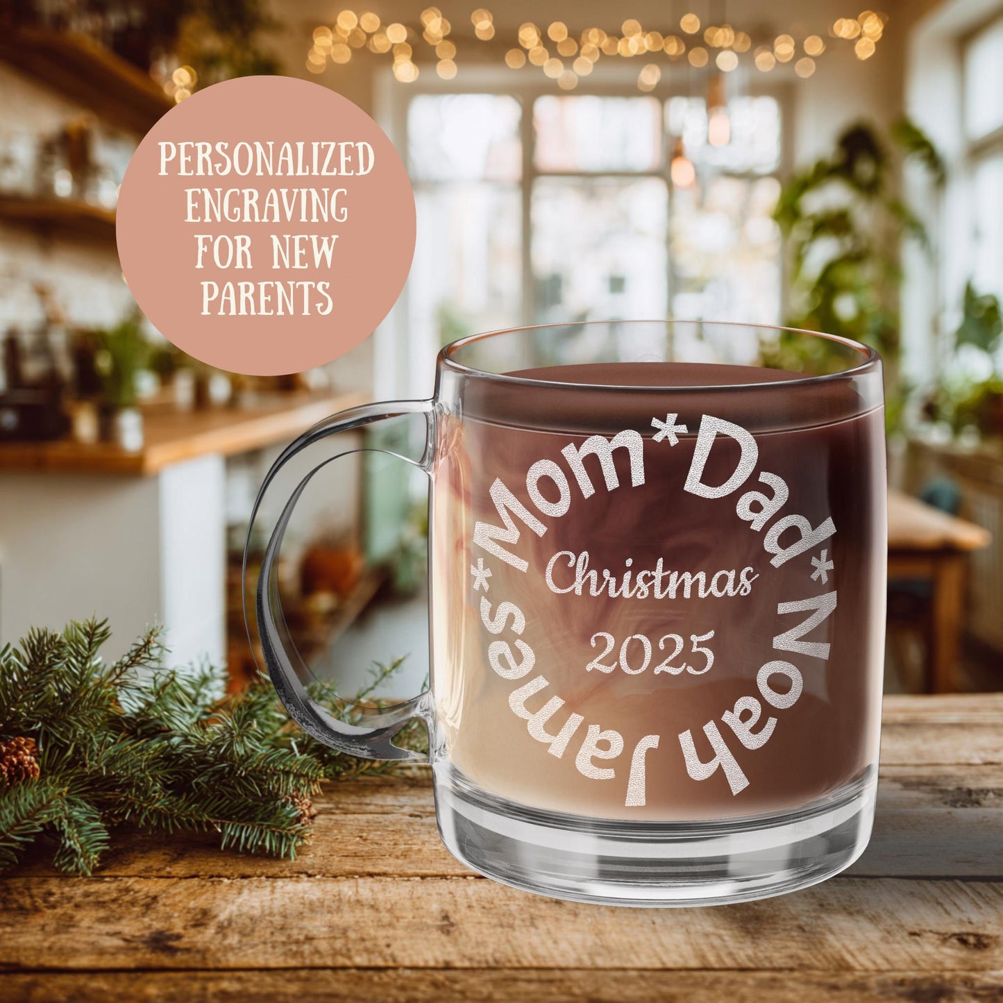 Personalized New Baby Glass Mug New Parents Christmas Gift Engraved Coffee Cup Holiday Keepsake Custom Christmas Mug Family Baby Shower Gift