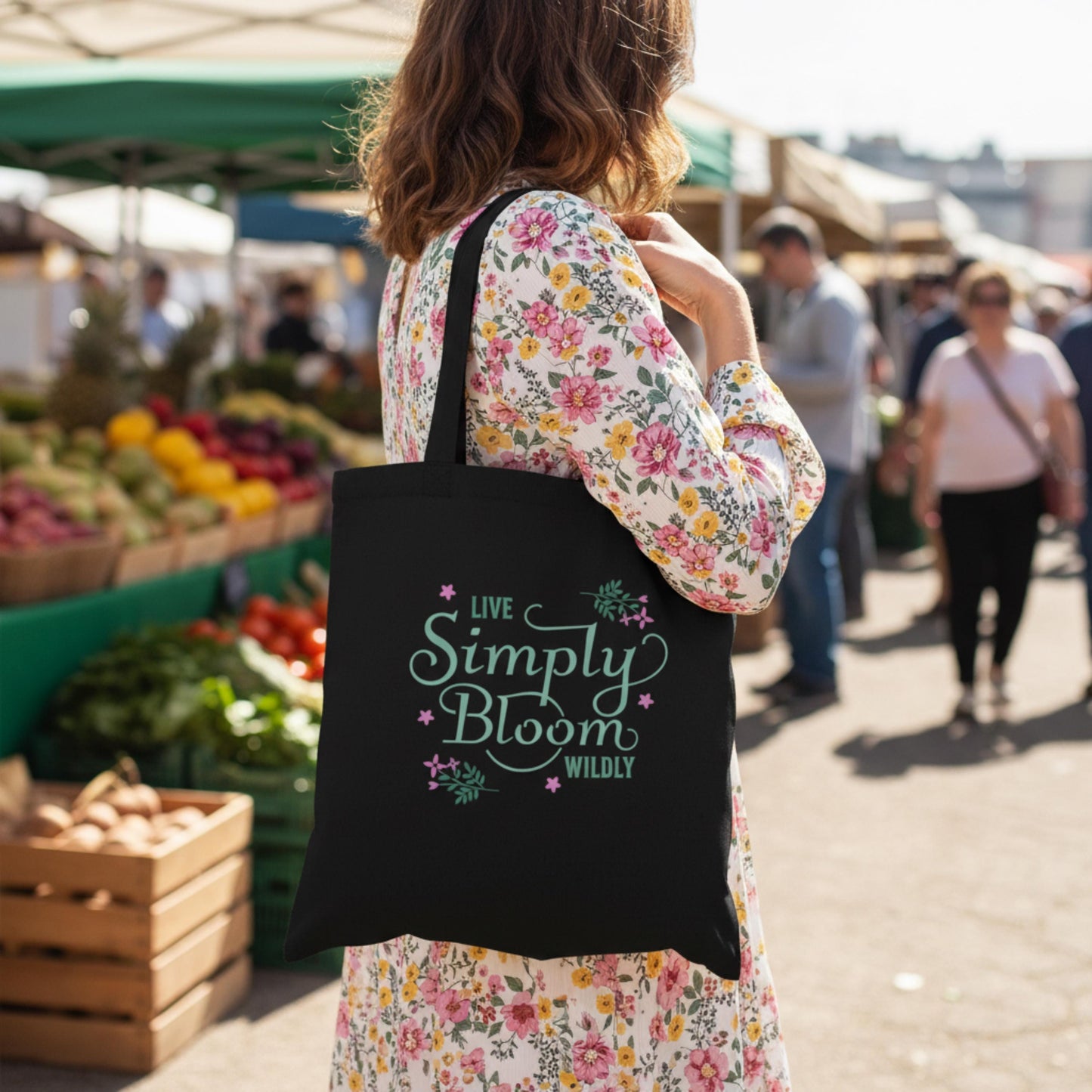 Live Simply Bloom Wildly Tote Bag Floral Script Canvas Tote Boho Flower Market Bag Inspirational Eco-Friendly Reusable Shopping Tote