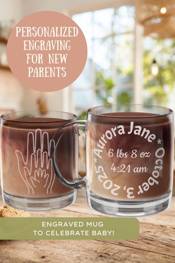 Personalized New Baby Family of 3 Glass Mug New Parents Gift Engraved Coffee Cup Birth Keepsake Custom Mug Baby Shower Gift