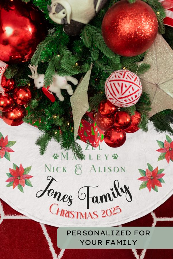 Personalized Christmas Tree Skirt Custom Family Name Holiday Tree Skirt Poinsettia Floral Design Elegant Christmas Decor Family Gift Idea