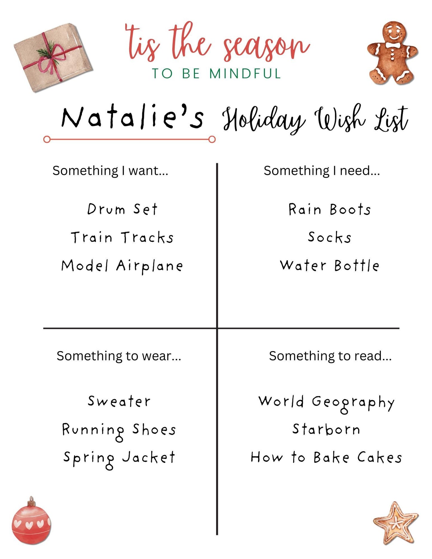 Minimalist Christmas Wish List Digital Gift List Printable PDF List Template for Kids Grandkids Simple Present System Holidays Birthdays