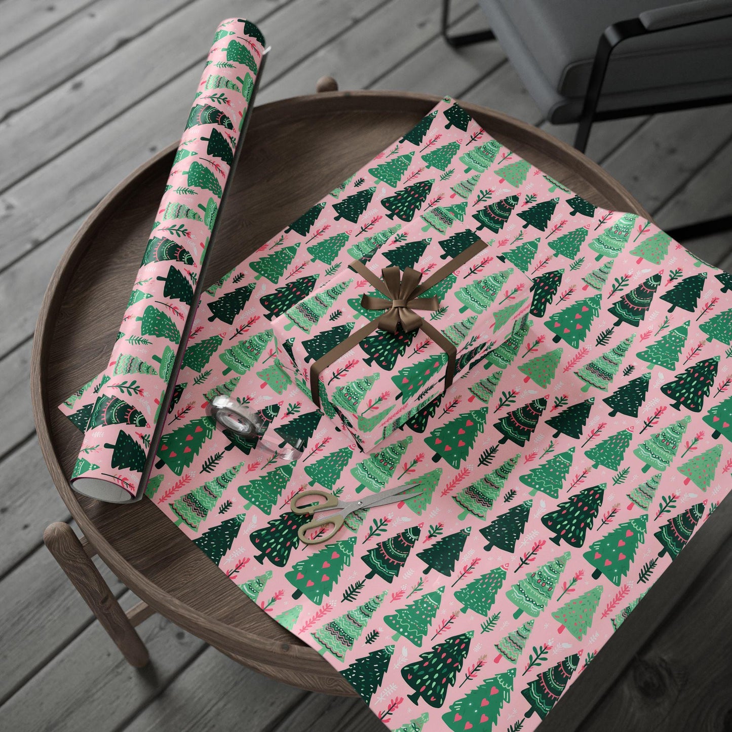 Preppy Christmas Gift Wrapping Pink and Green Boho Xmas Tree Pattern Wrapping Paper