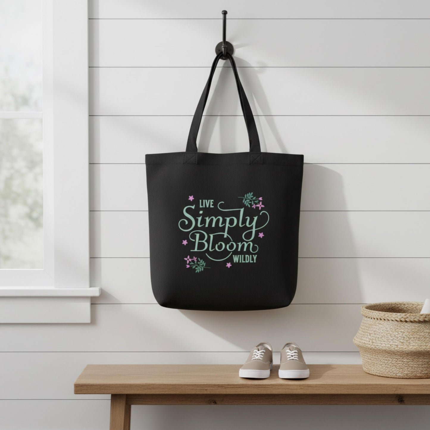 Live Simply Bloom Wildly Tote Bag Floral Script Canvas Tote Boho Flower Market Bag Inspirational Eco-Friendly Reusable Shopping Tote