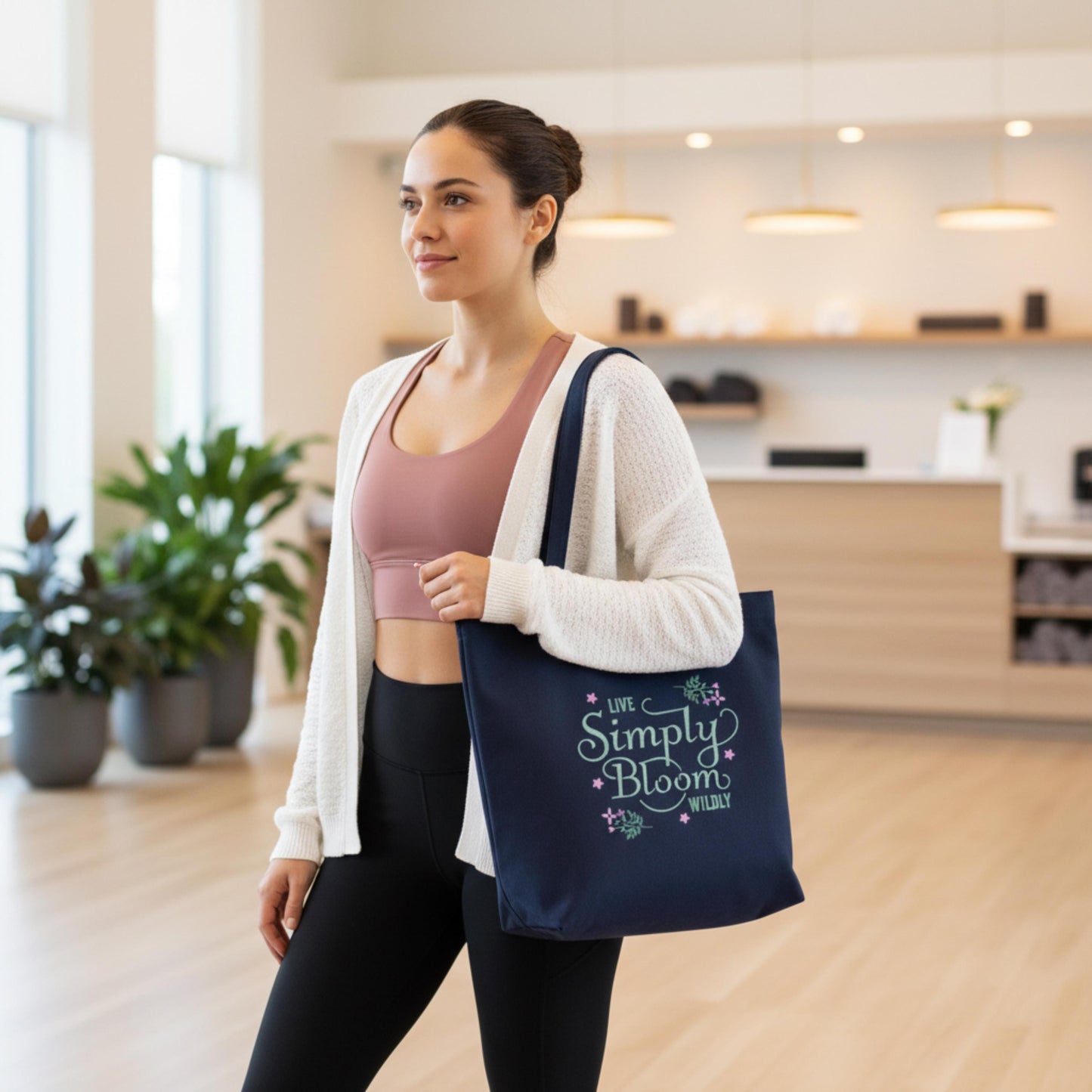 Live Simply Bloom Wildly Tote Bag Floral Script Canvas Tote Boho Flower Market Bag Inspirational Eco-Friendly Reusable Shopping Tote