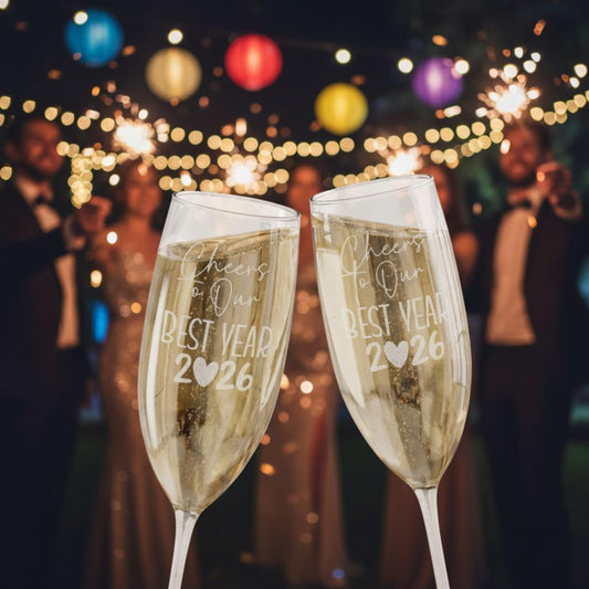 Engraved New Year Champagne Glass Cheers to Our Best Year 2026 Flute Celebration Gift Wedding Toast Bridal Shower Gift Party Favor Engaged