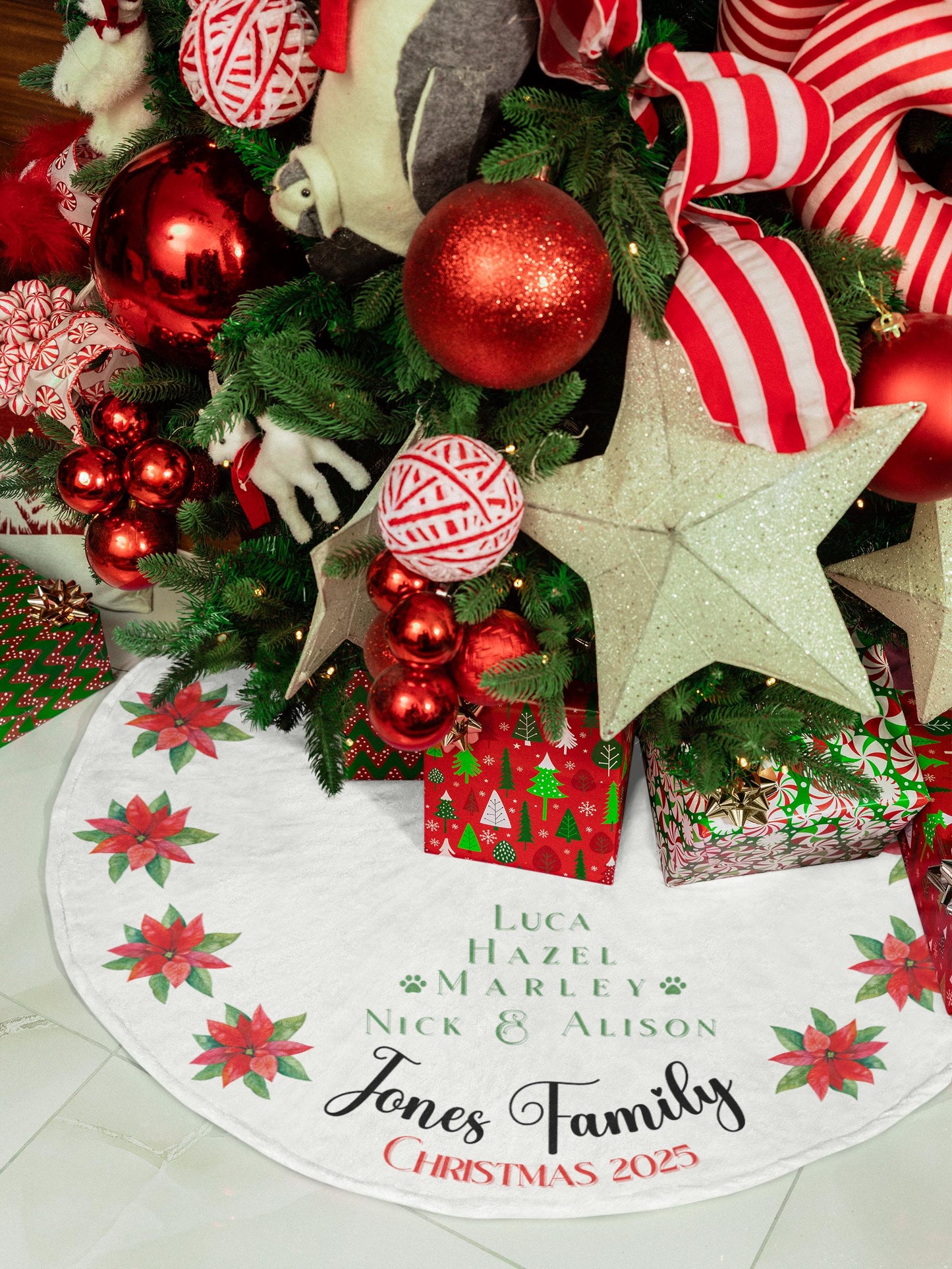 Personalized Christmas Tree Skirt Custom Family Name Holiday Tree Skirt Poinsettia Floral Design Elegant Christmas Decor Family Gift Idea