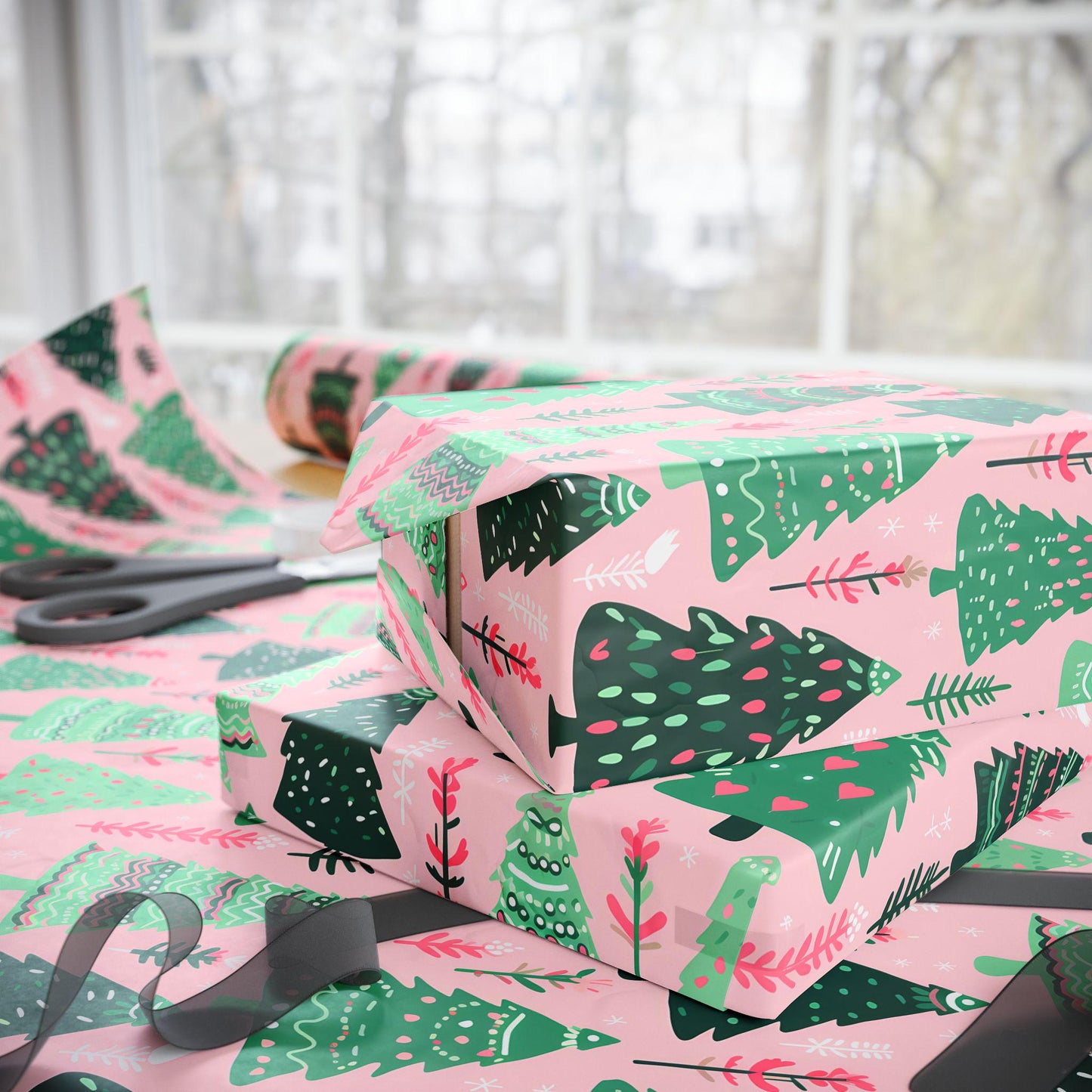 Preppy Christmas Gift Wrapping Pink and Green Boho Xmas Tree Pattern Wrapping Paper