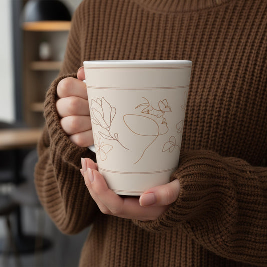 Elegant Floral Latte Cup Line Art Gift for Coffee Lover Vintage Floral Coffee Mug Minimal Tea Cup Ceramic Drinkware Floral Kitchen Decor