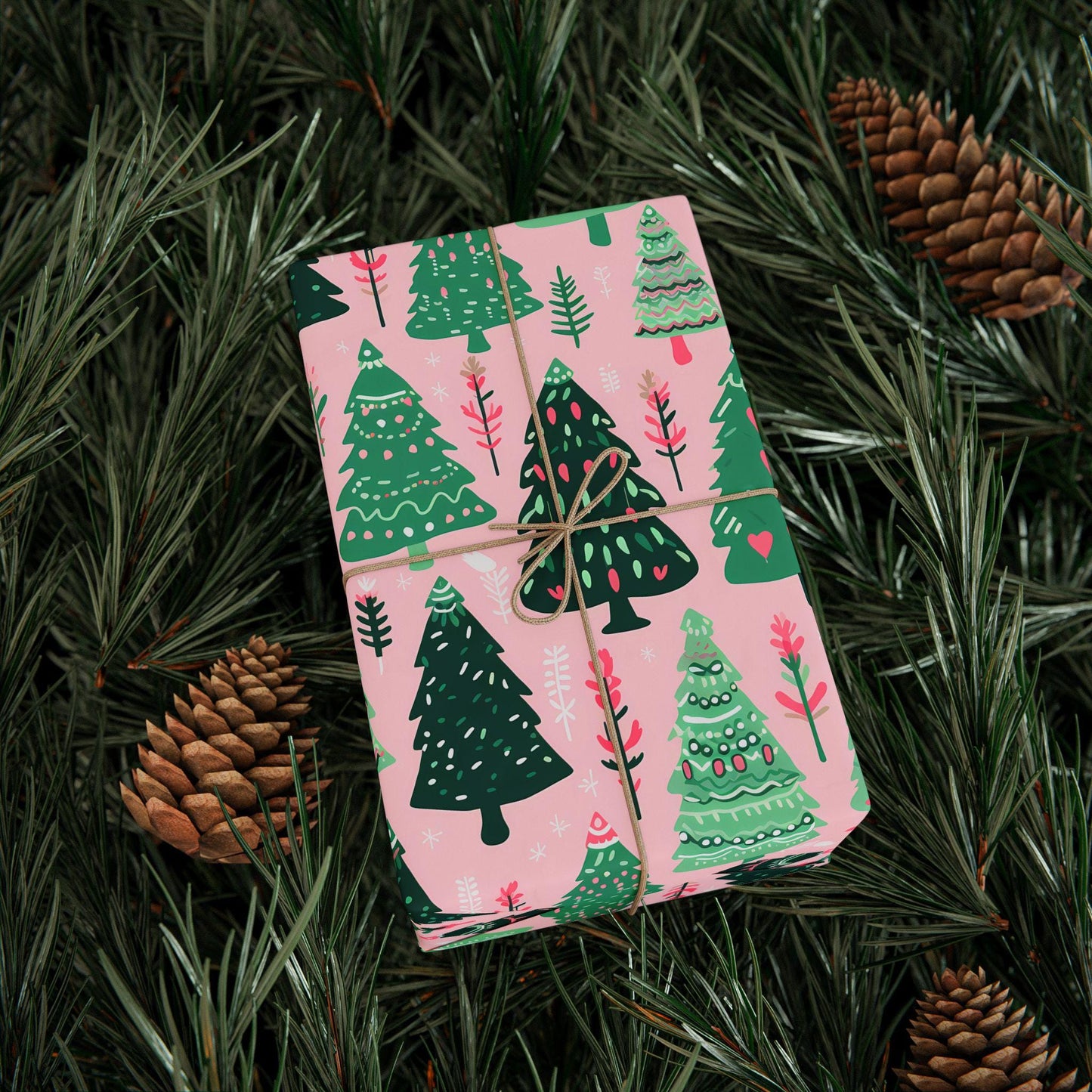 Preppy Christmas Gift Wrapping Pink and Green Boho Xmas Tree Pattern Wrapping Paper