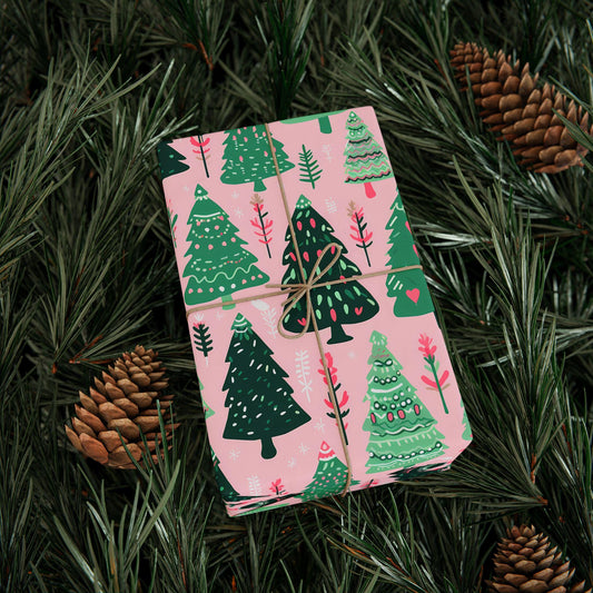 Preppy Christmas Gift Wrapping Pink and Green Boho Xmas Tree Pattern Wrapping Paper