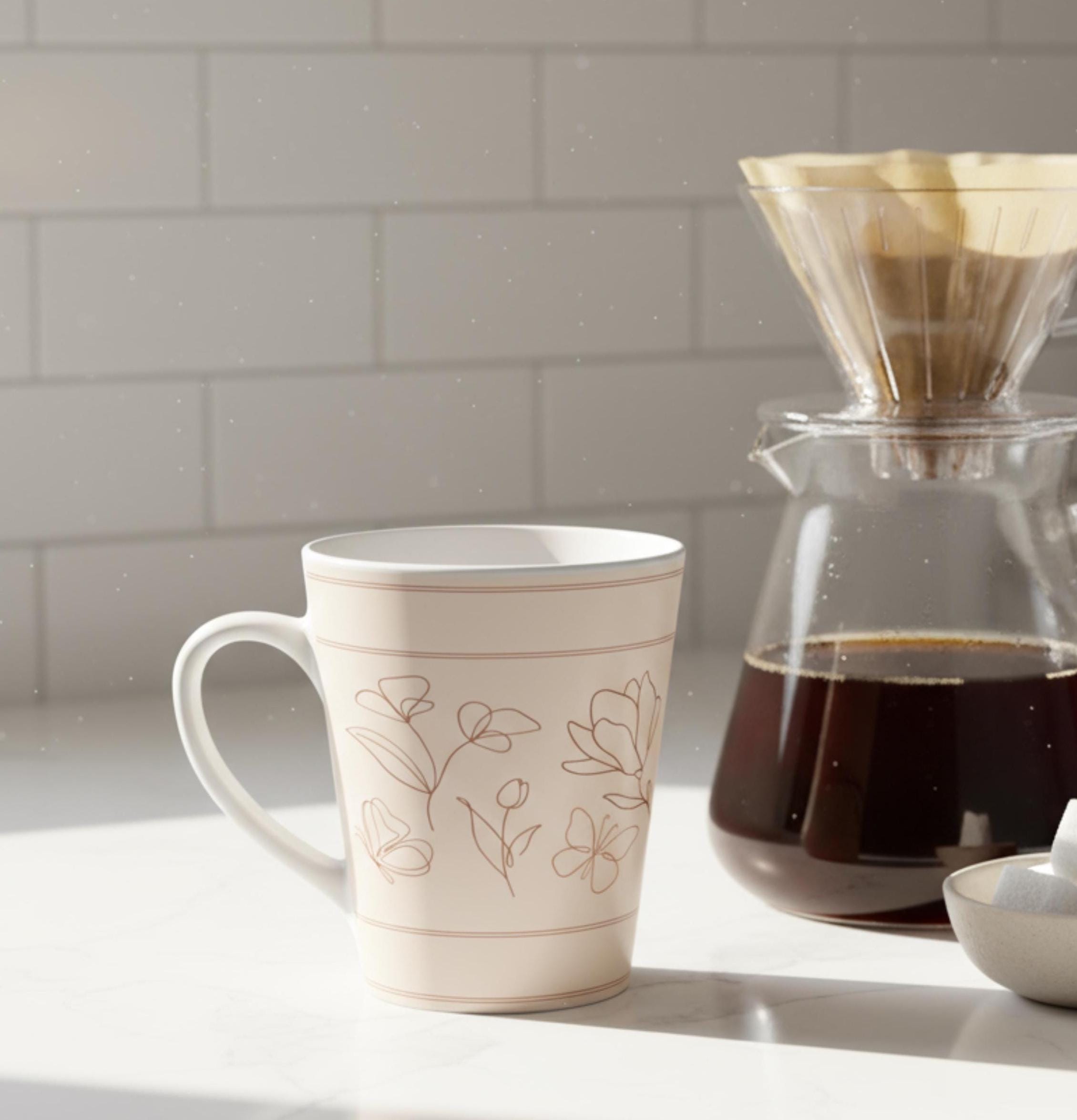 Elegant Floral Latte Cup Line Art Gift for Coffee Lover Vintage Floral Coffee Mug Minimal Tea Cup Ceramic Drinkware Floral Kitchen Decor