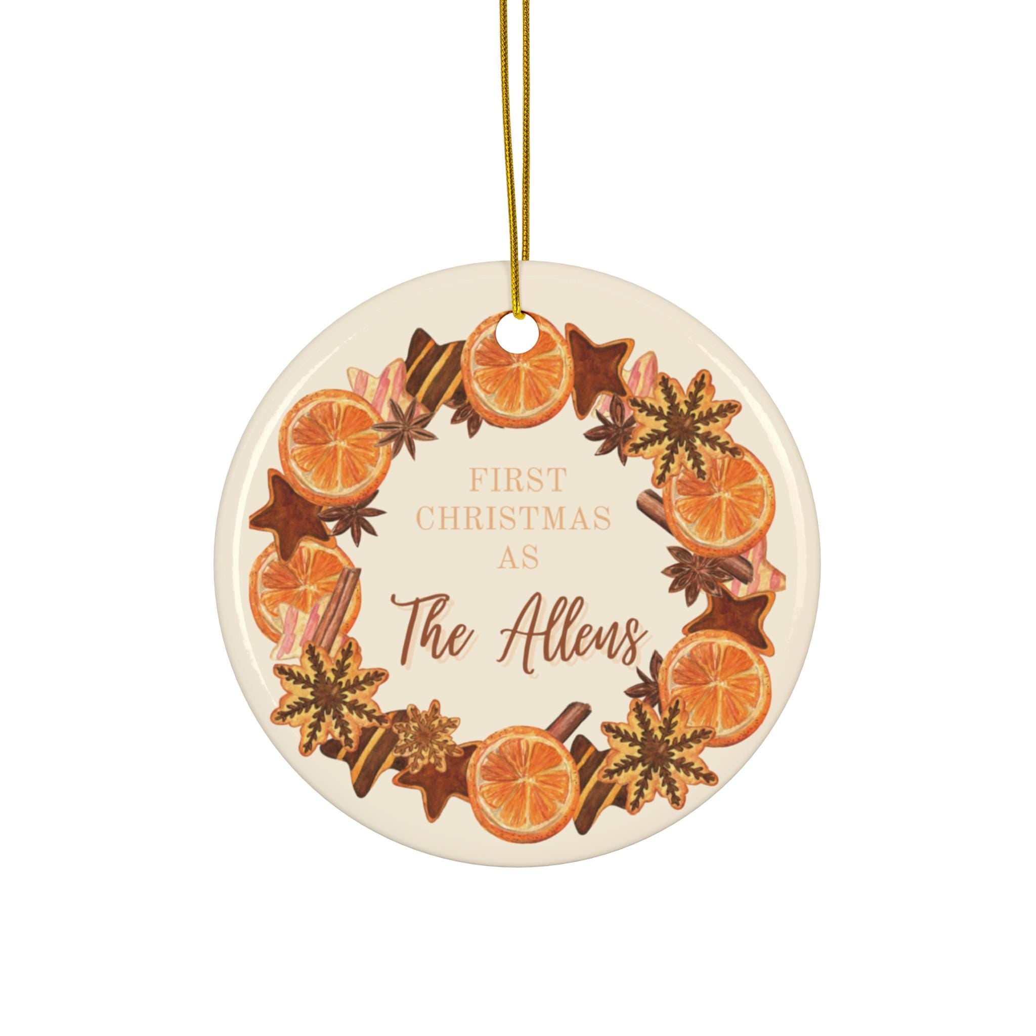 Ceramic Ornament, Personalized Newlyweds Ornament, Vintage Citrus Cinnamon Gift, Wedding Ornament Decoration, Custom Couples First Christmas