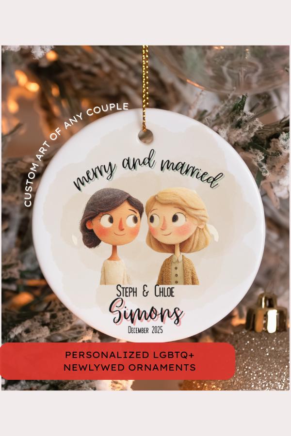 Personalized LGBTQ Merry Married Ornament Wedding Gift for Couple Newlyweds Christmas Ornament Celebration Holiday Decor Ally Custom Gift