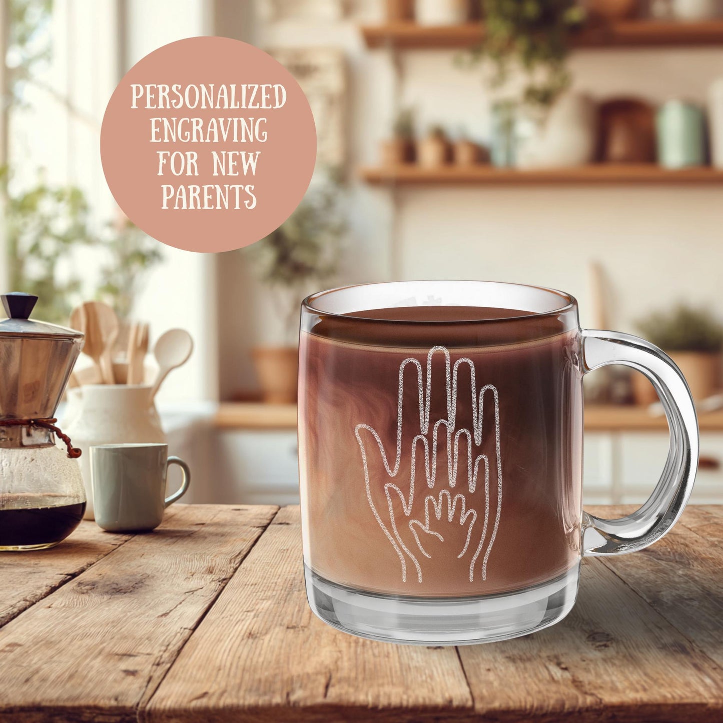 Personalized New Baby Family of 3 Glass Mug New Parents Gift Engraved Coffee Cup Birth Keepsake Custom Mug Baby Shower Gift