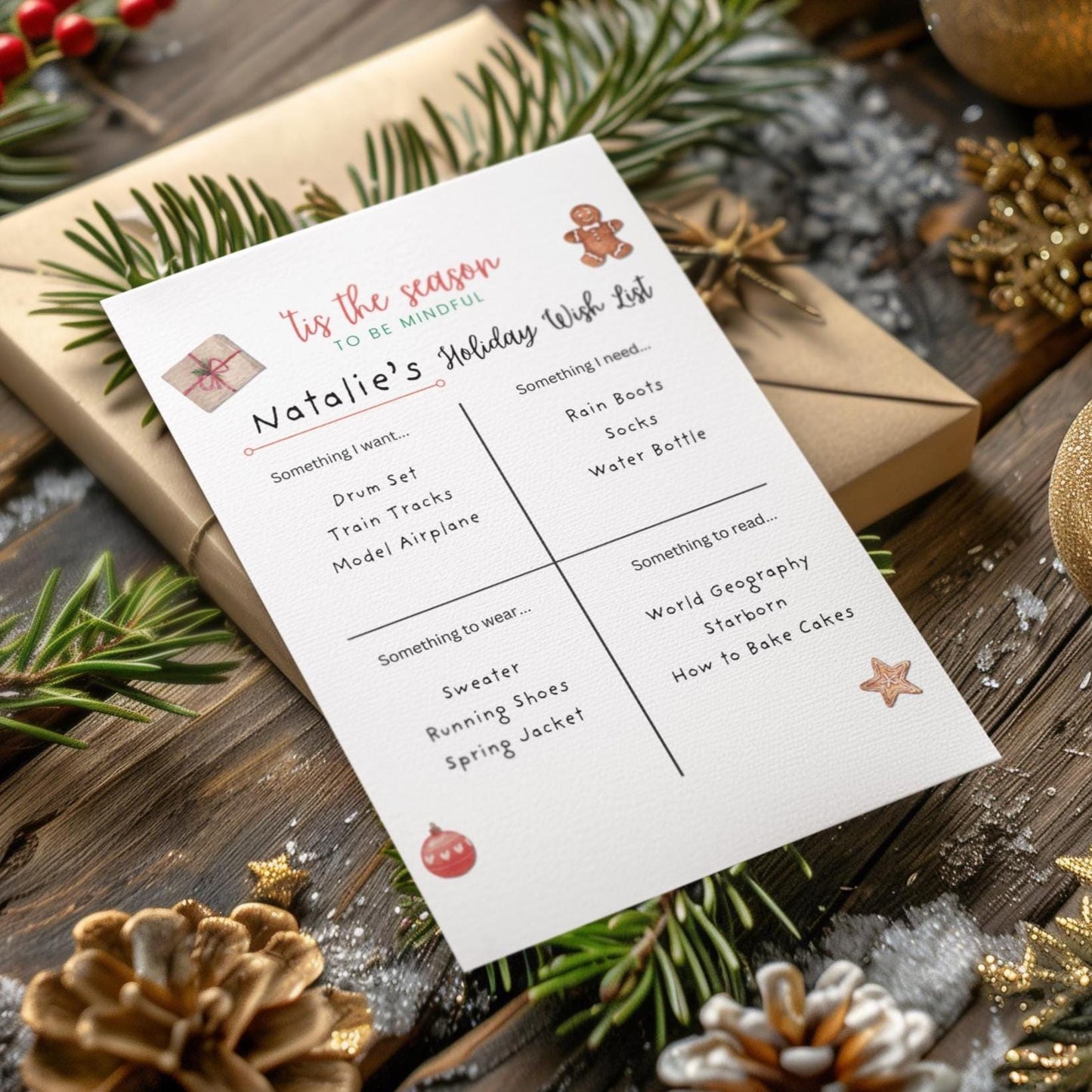 Minimalist Christmas Wish List Digital Gift List Printable PDF List Template for Kids Grandkids Simple Present System Holidays Birthdays