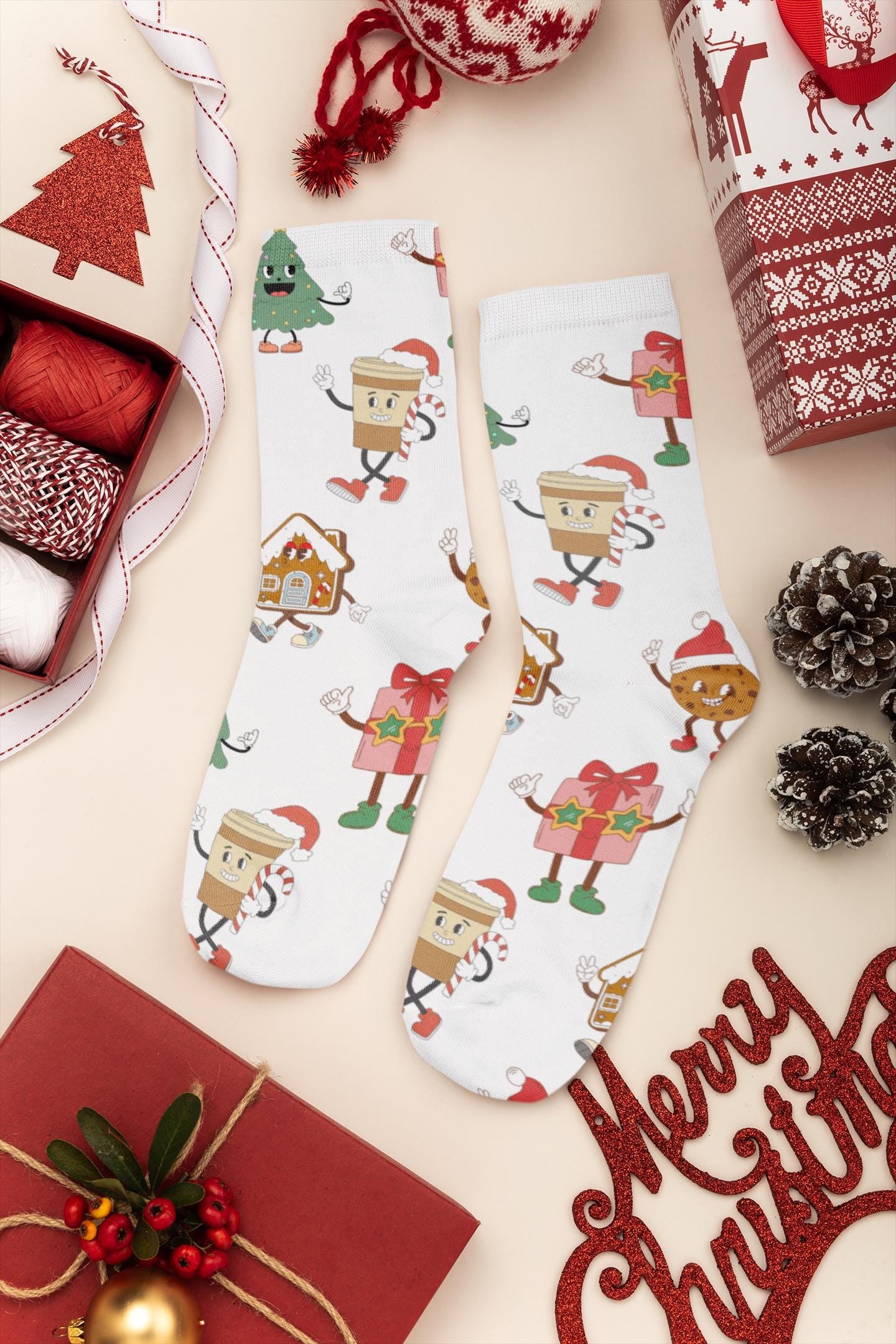 Socks, Christmas Character Stockings, Cozy Funny Gift, Stocking Stuffer Recycled Poly Socks, Holiday Winter Warm Feet, Eco-Friendly