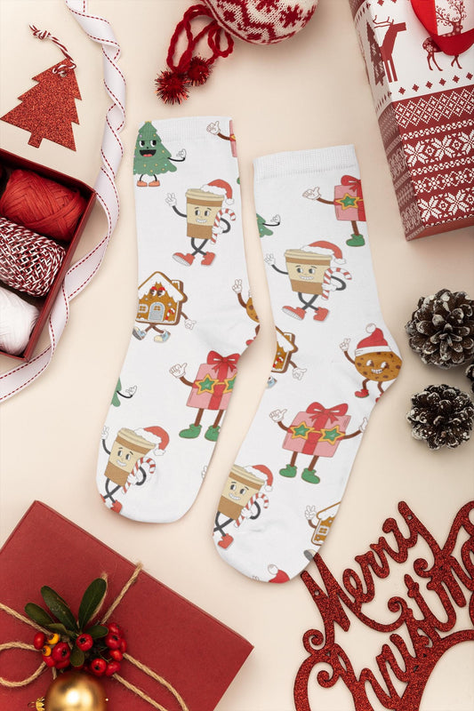 Socks, Christmas Character Stockings, Cozy Funny Gift, Stocking Stuffer Recycled Poly Socks, Holiday Winter Warm Feet, Eco-Friendly