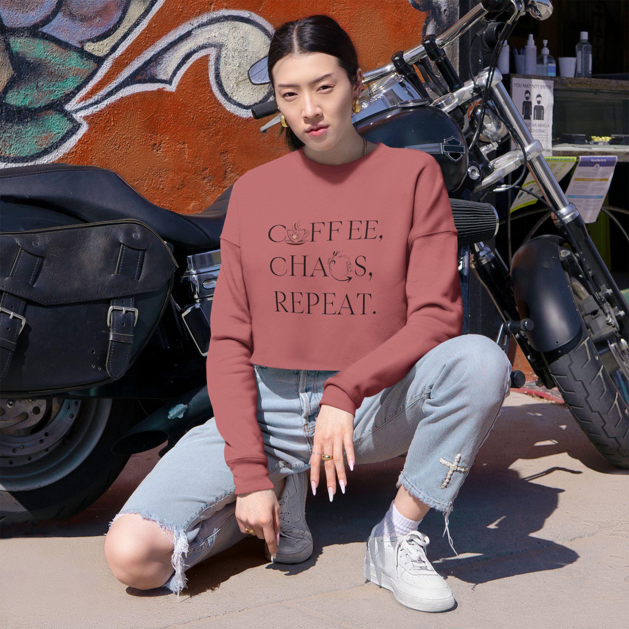 Coffee Chaos Repeat Cropped Sweatshirt Mom Gift Coffee Lover Top Women's Pullover Graphic Print Jumper