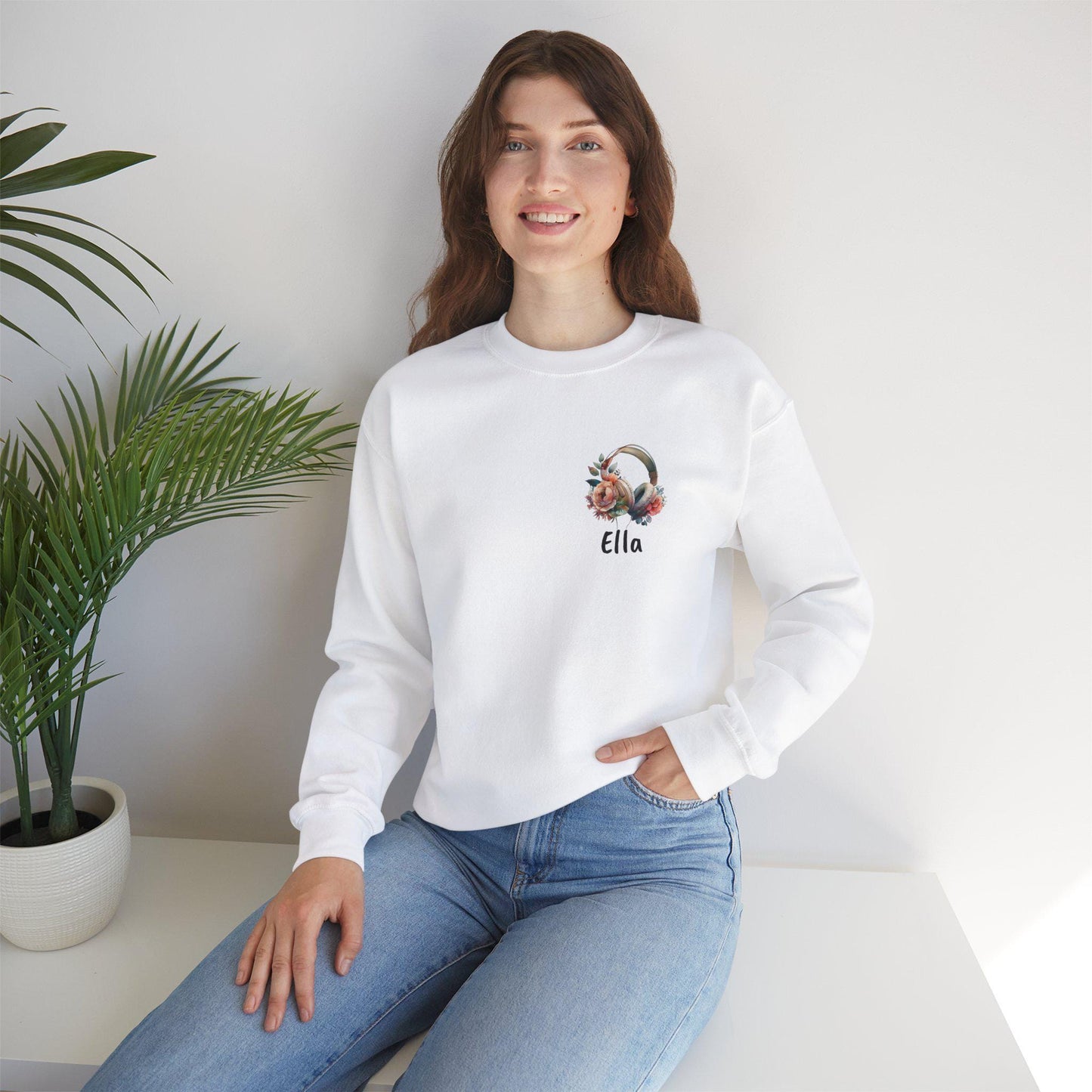 Personalized Floral Music Crewneck Sweatshirt Gift for Music Lovers Cozy Sweatshirt Floral Design Custom Apparel Unisex Sweatshirt